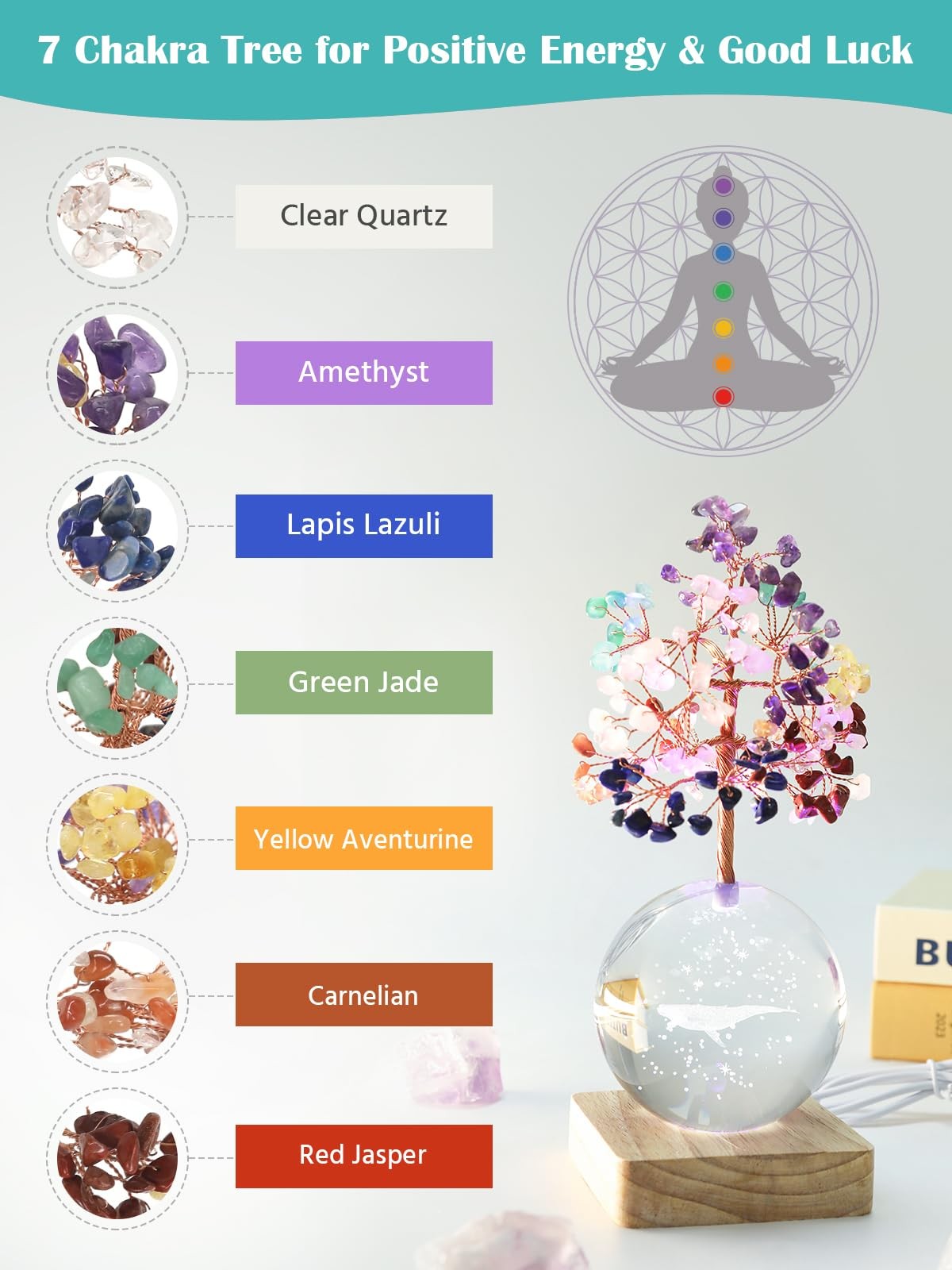 3D Whale Crystal Tree Of Life 7 Chakra Healing Night Light Office Desk Decor