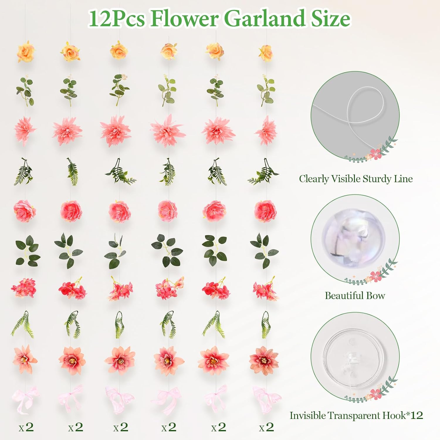 12Pcs 72Ft Wildflower Garland with Bow Hanging Flower Wall Backdrop | Silk Artif