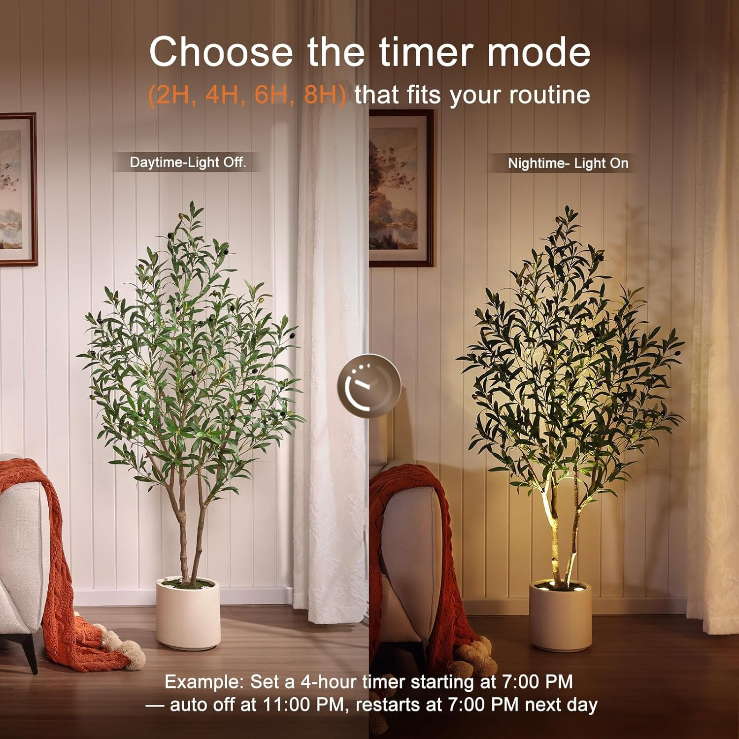 5FT Artificial Olive Tree with LED Spotlights in White Planter for Home Decor