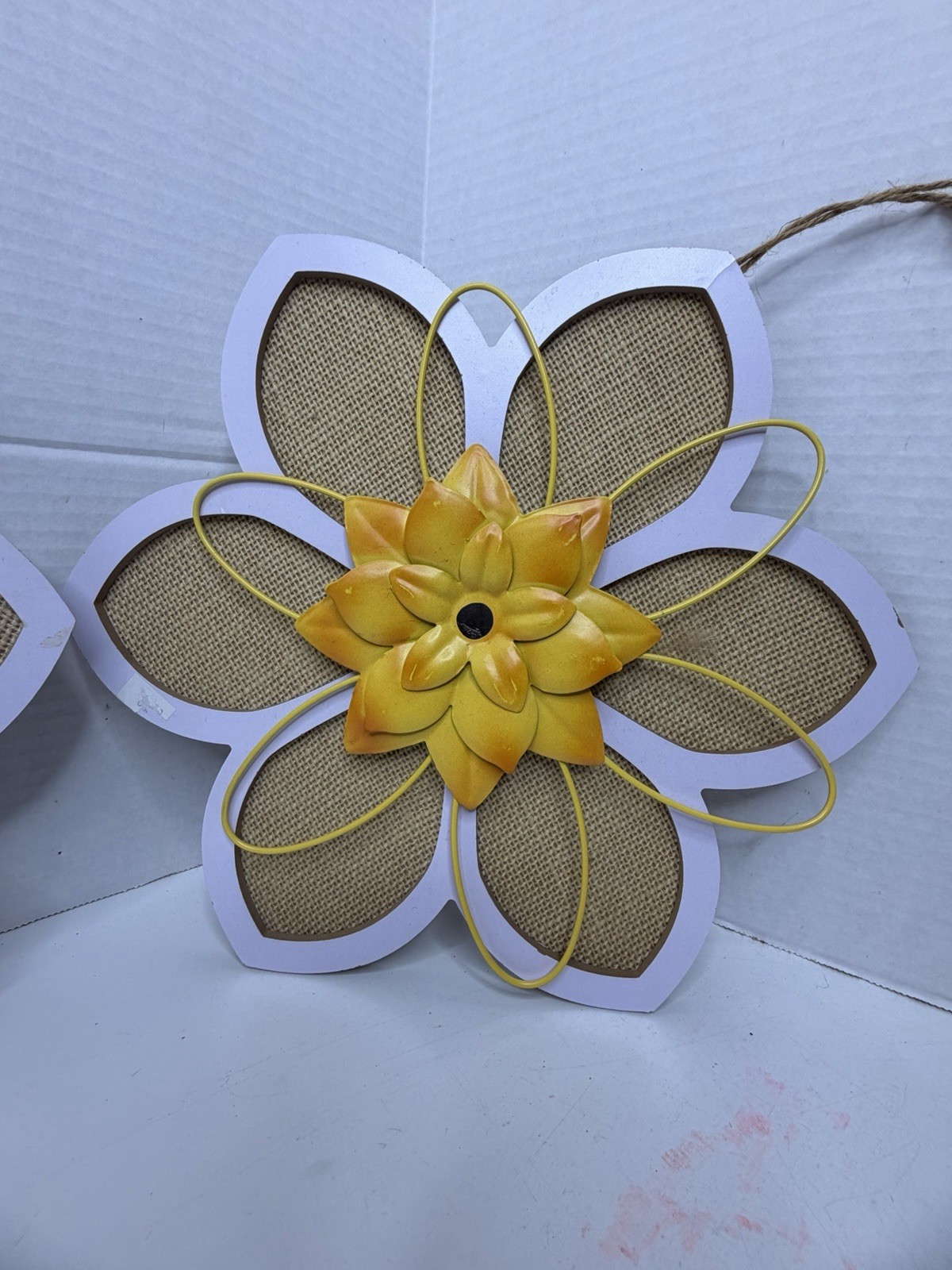 3 Wood Burlap & Metal 3D Flowers Decor Hanging 12” Wall Home Decor Wall Hanger
