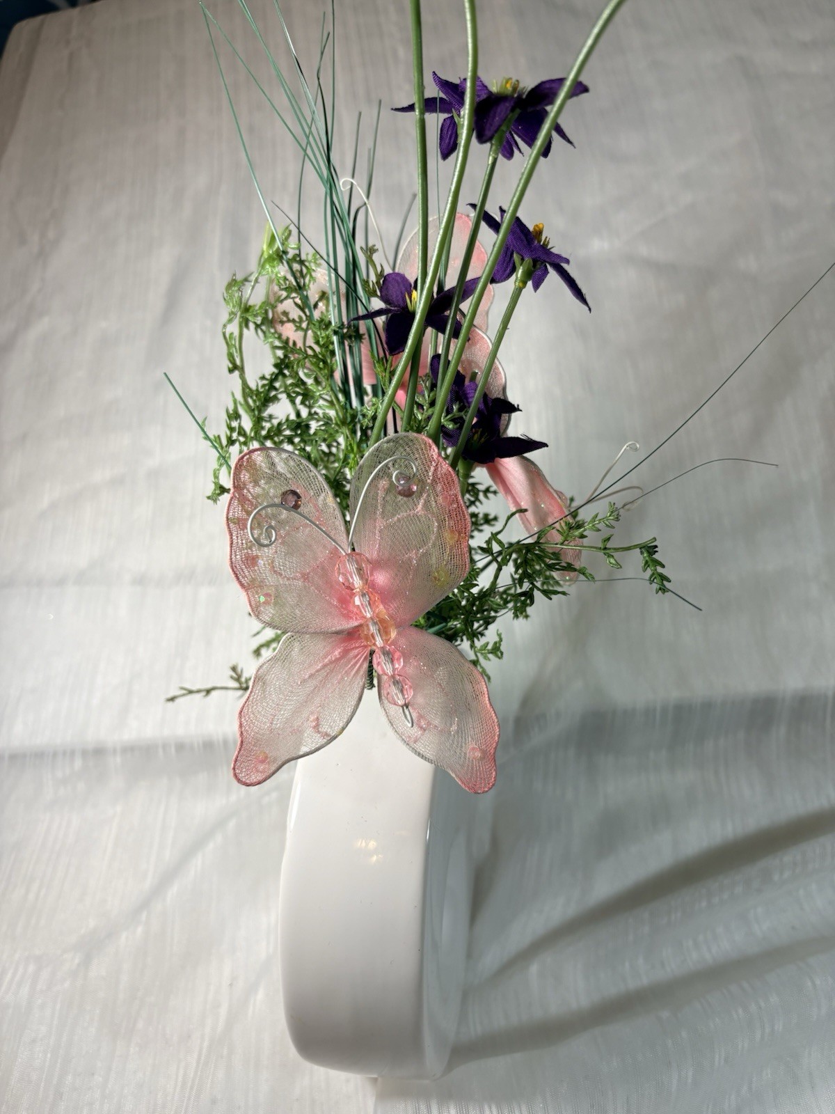 Artificial Purple Flower Arrangement with Pink Butterfly in White Ceramic Vase