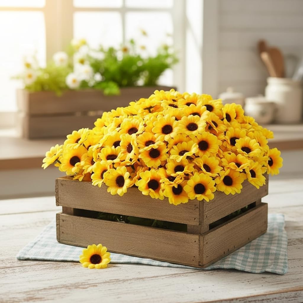 50Pcs Mini Sunflower Flower Heads, Artificial Fabric Flowers for Wreaths Wedd…