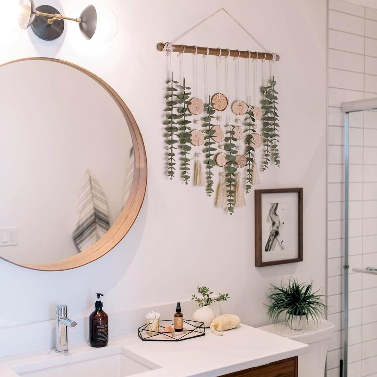 Decoración de pared de eucalipto artificial con hojas verdes falsas, tallos