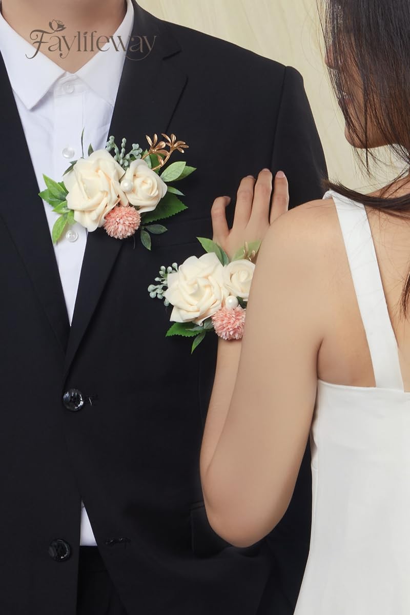 2 PCS White Rose Boutonniere Wrist Corsages Wedding Prom Corsage Wristlet