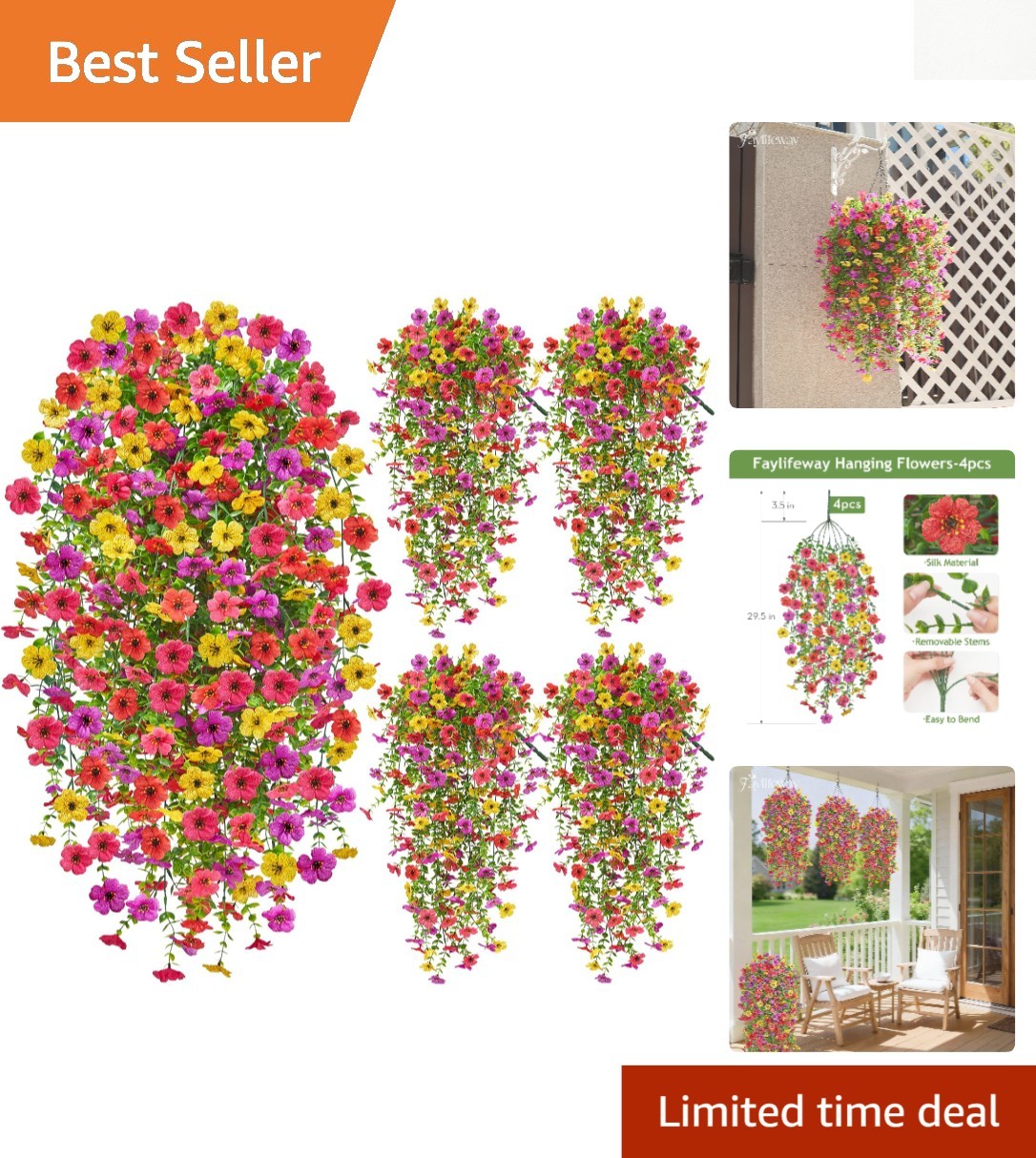 Realistic Cascading Artificial Outdoor Flowers – 4PCS Maintenance-Free Set