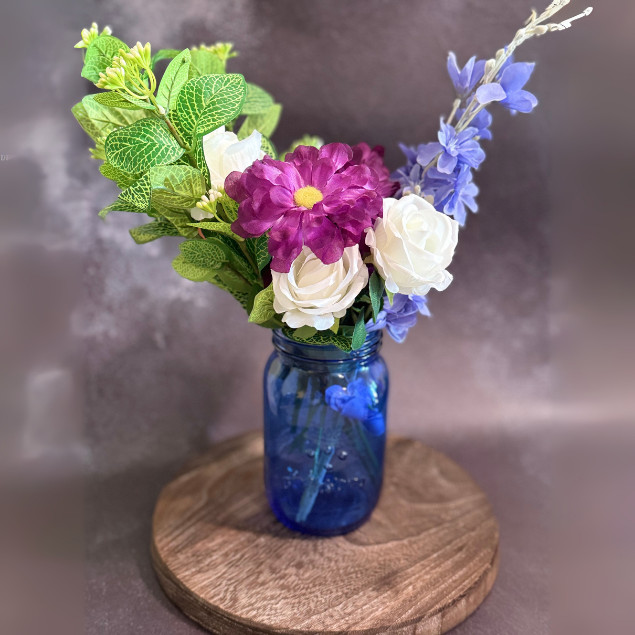 Purple White Rose Faux Floral Arrangement Blue Mason Jar LED Lights Home Decor