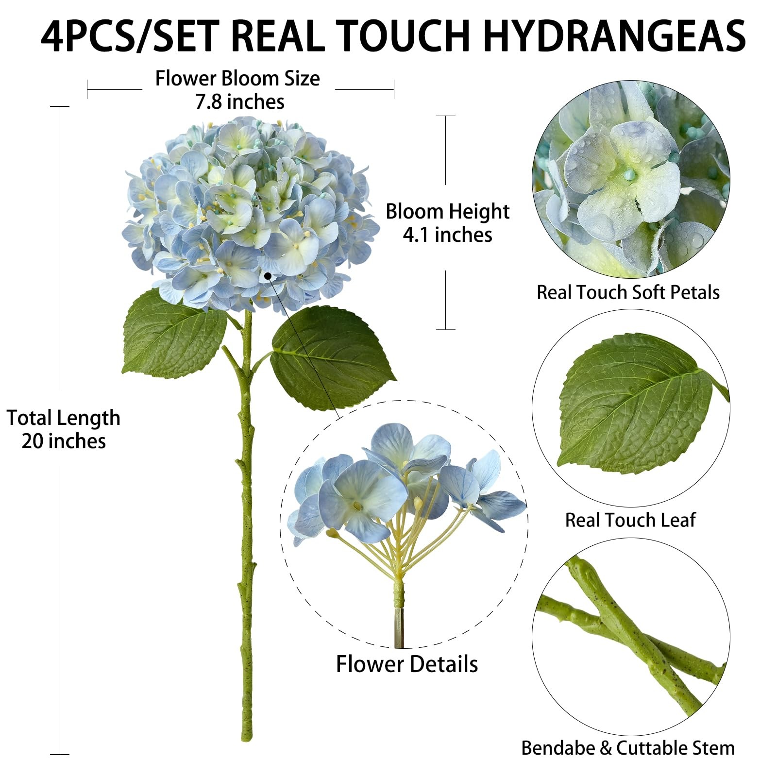4 Pcs 20” Real Touch Hydrangeas 2 White 2 Light Blue Artificial Hydrangeas F…