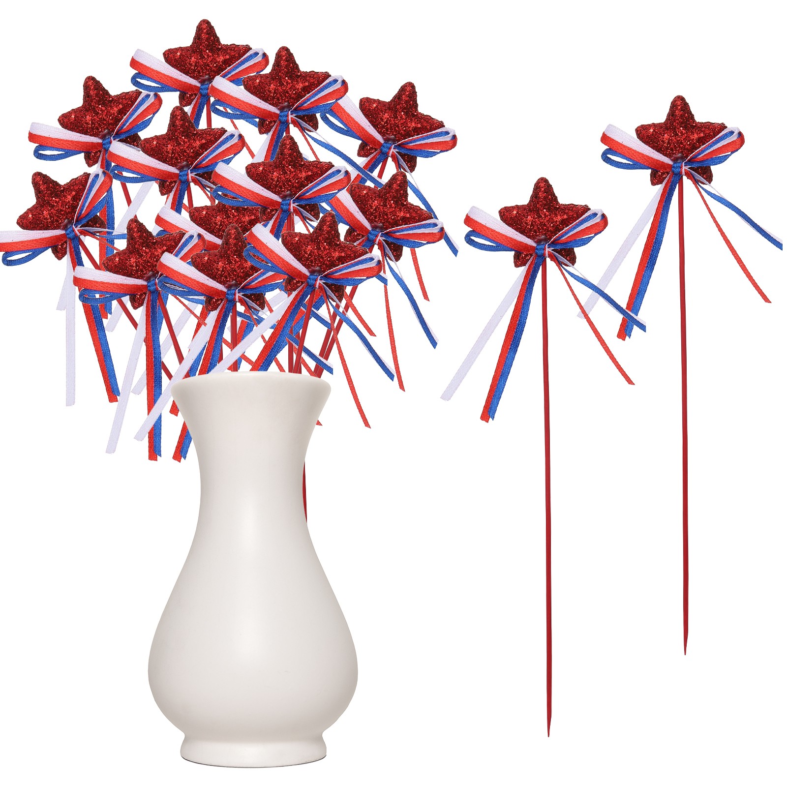 12 Pcs 4th of July Glitter Star Picks 8″ Puffy Sparkly Sticks with Bowknot (Red)