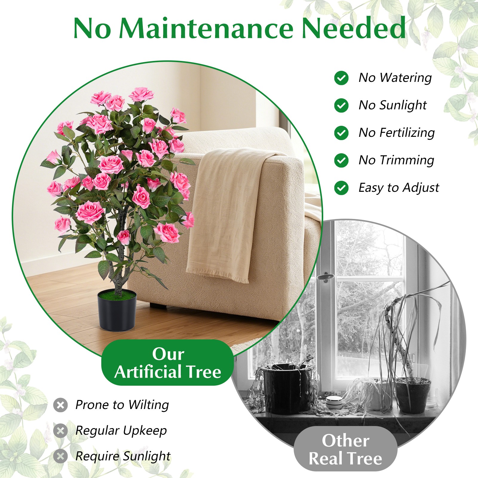 2PCS Artificial Rose Tree w/Blooming Flowers and Green Leaves, Free Maintenance