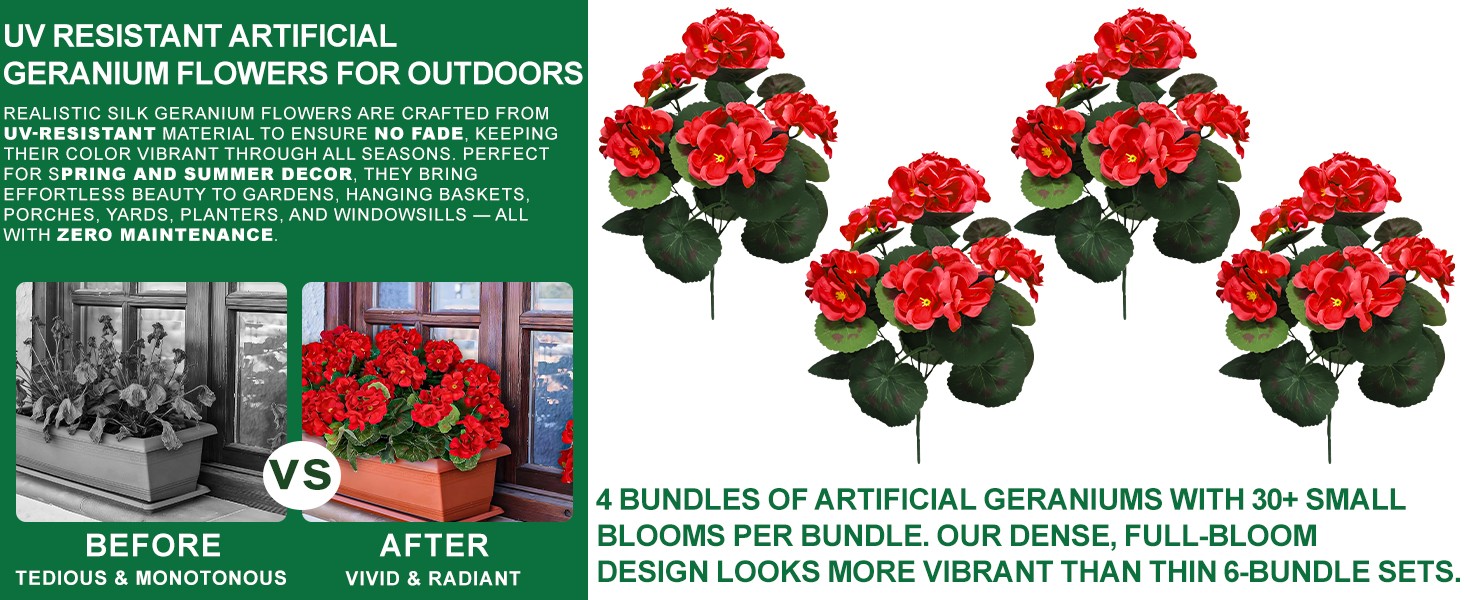 4 Bundles Artificial Geraniums Flowers for Outdoors Summer Decor | Fake Flowers