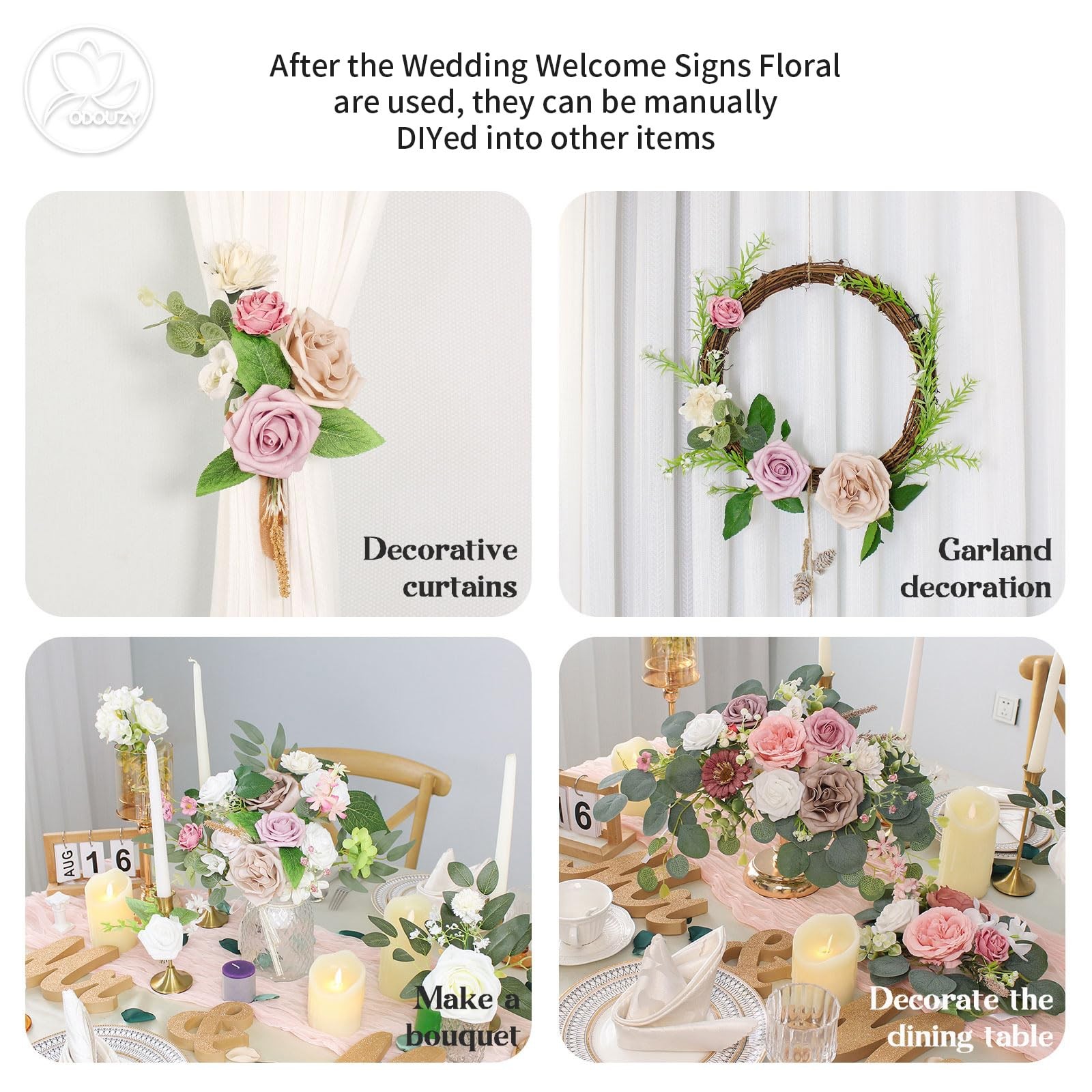 2 PCS Coffee Pink Artificial Wedding Arch Flowers Sign Faux Floral Swags Decor