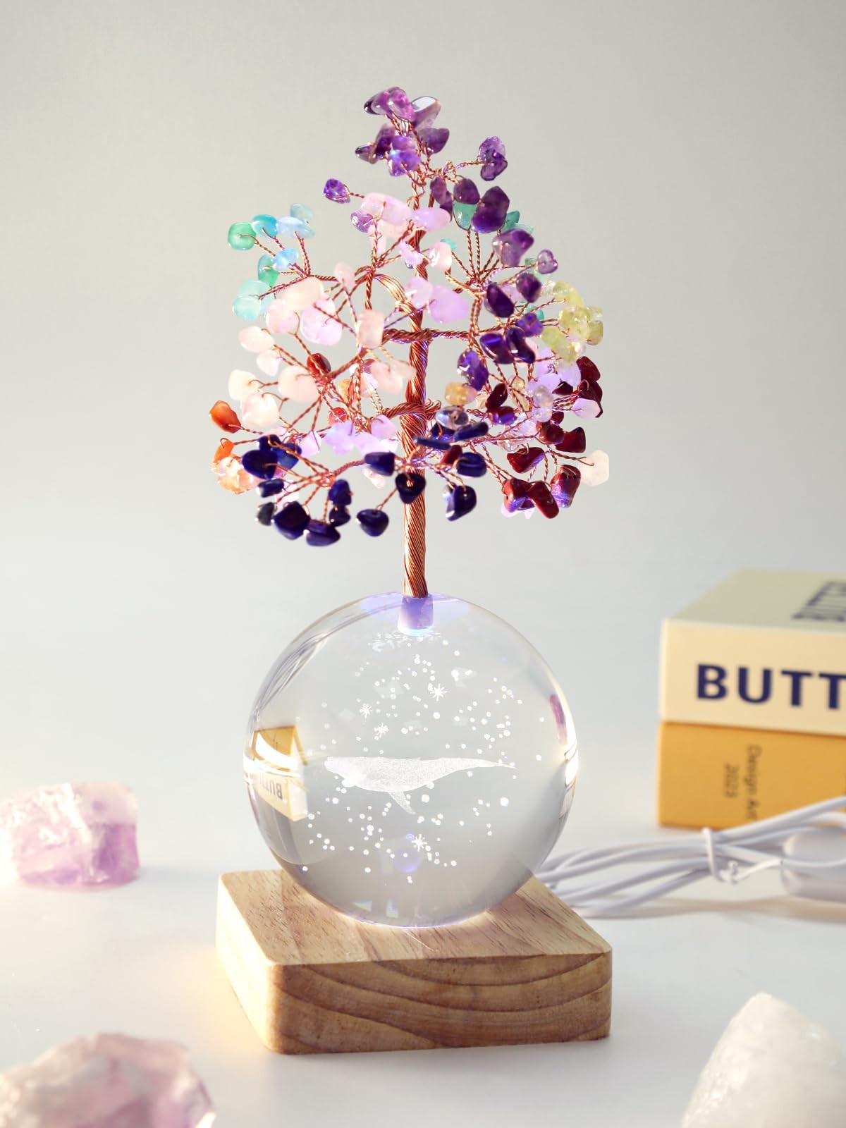 3D Whale Crystal Tree Of Life 7 Chakra Healing Night Light Office Desk Decor