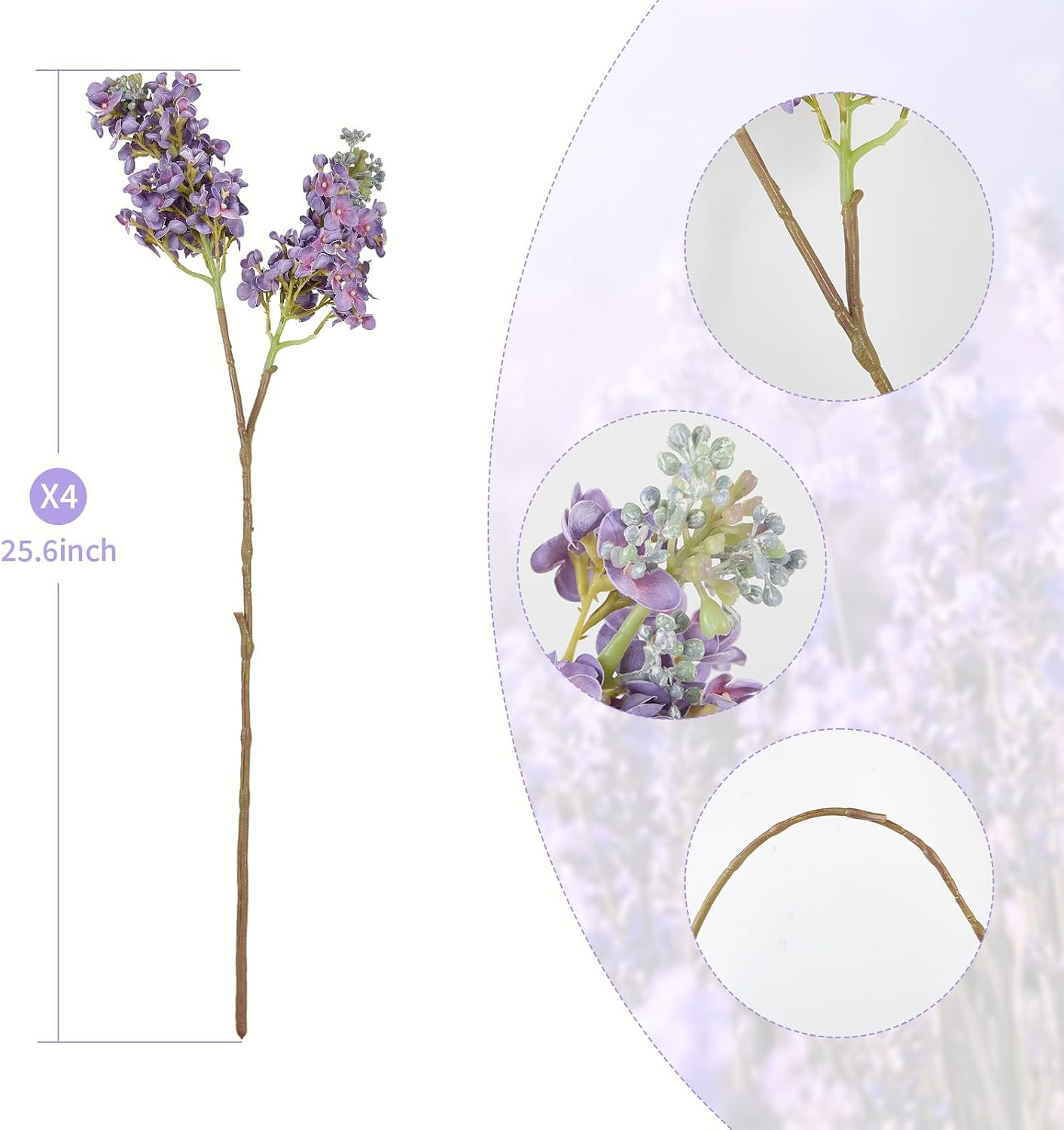 Lilac Artificial Flowers – 4PCS 25.6″ Purple Silk Delphinium for Home Decor