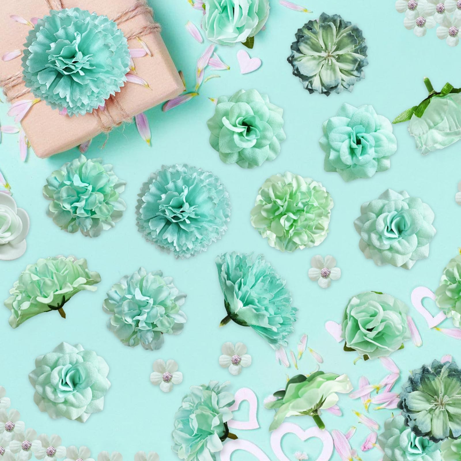 Mini Artificial Flowers Heads Mint Green Silk Peony Daisy Rose Mix 70 PCS Set