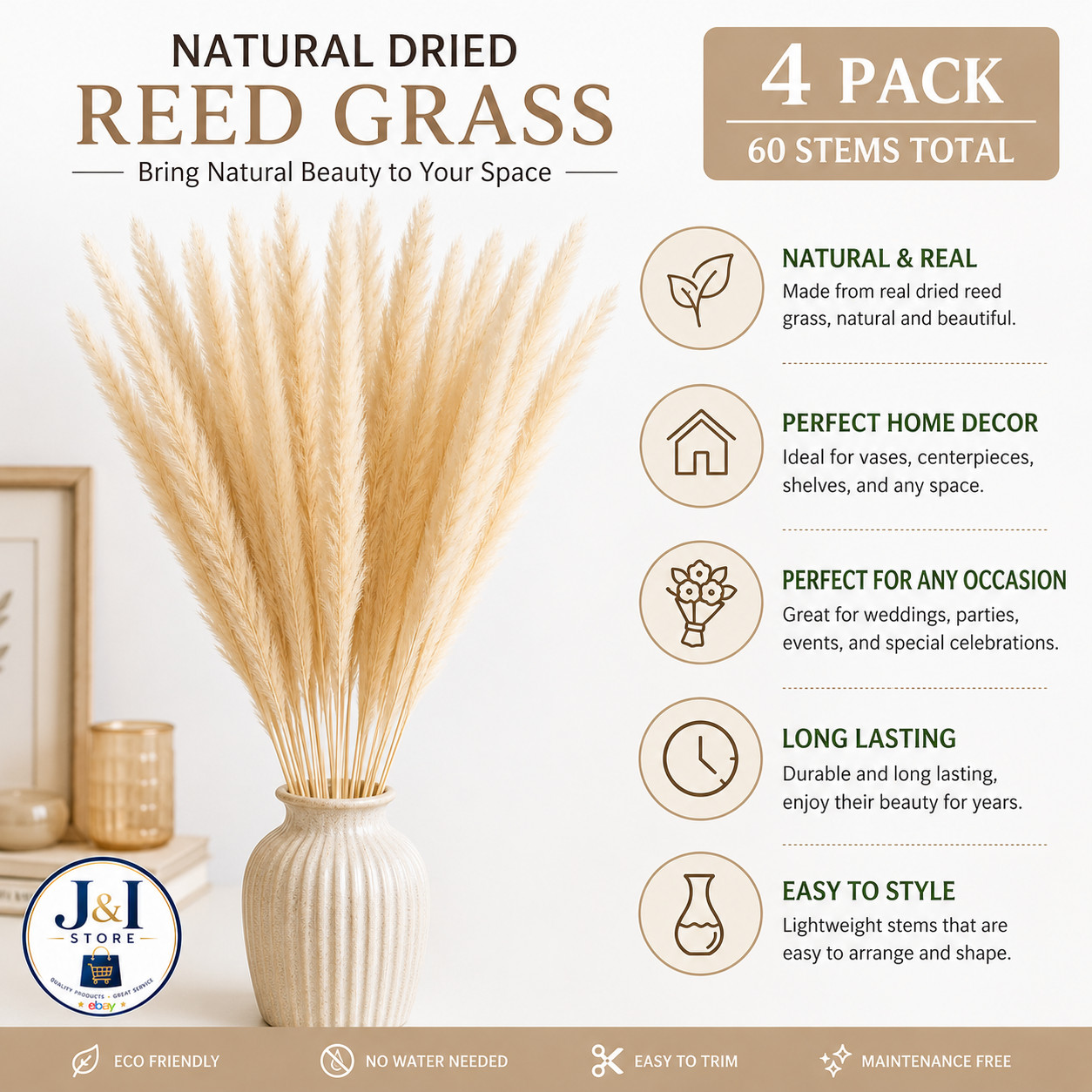 4 Pack 15 Stems Natural Dried Reed Grass Pampas Boho Home Vase Wedding Decor