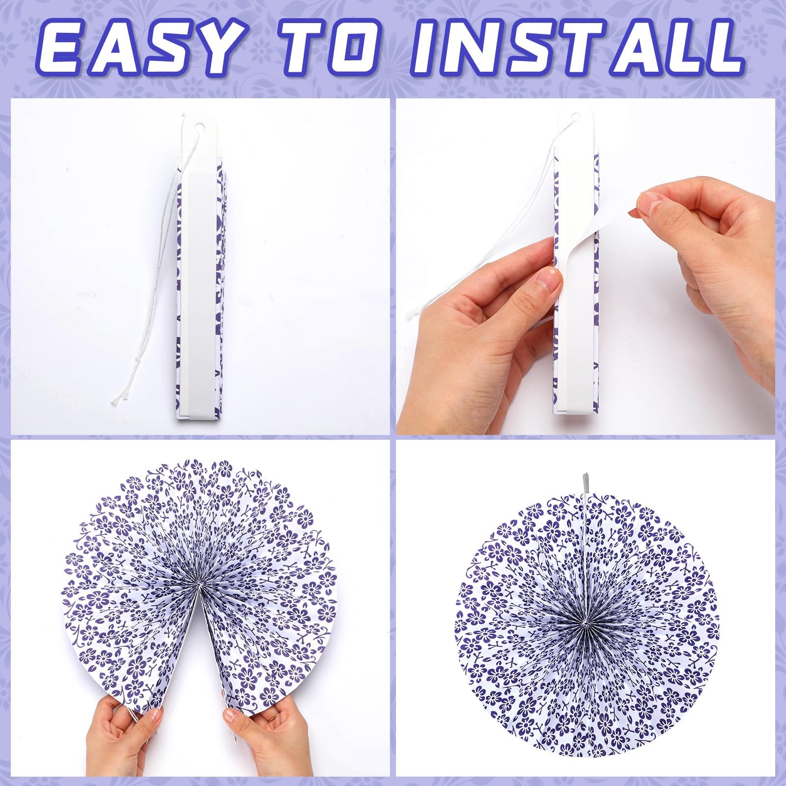 Wonderjune Chinoiserie Hanging Paper Fans Blue White 12 Pcs Party Decor