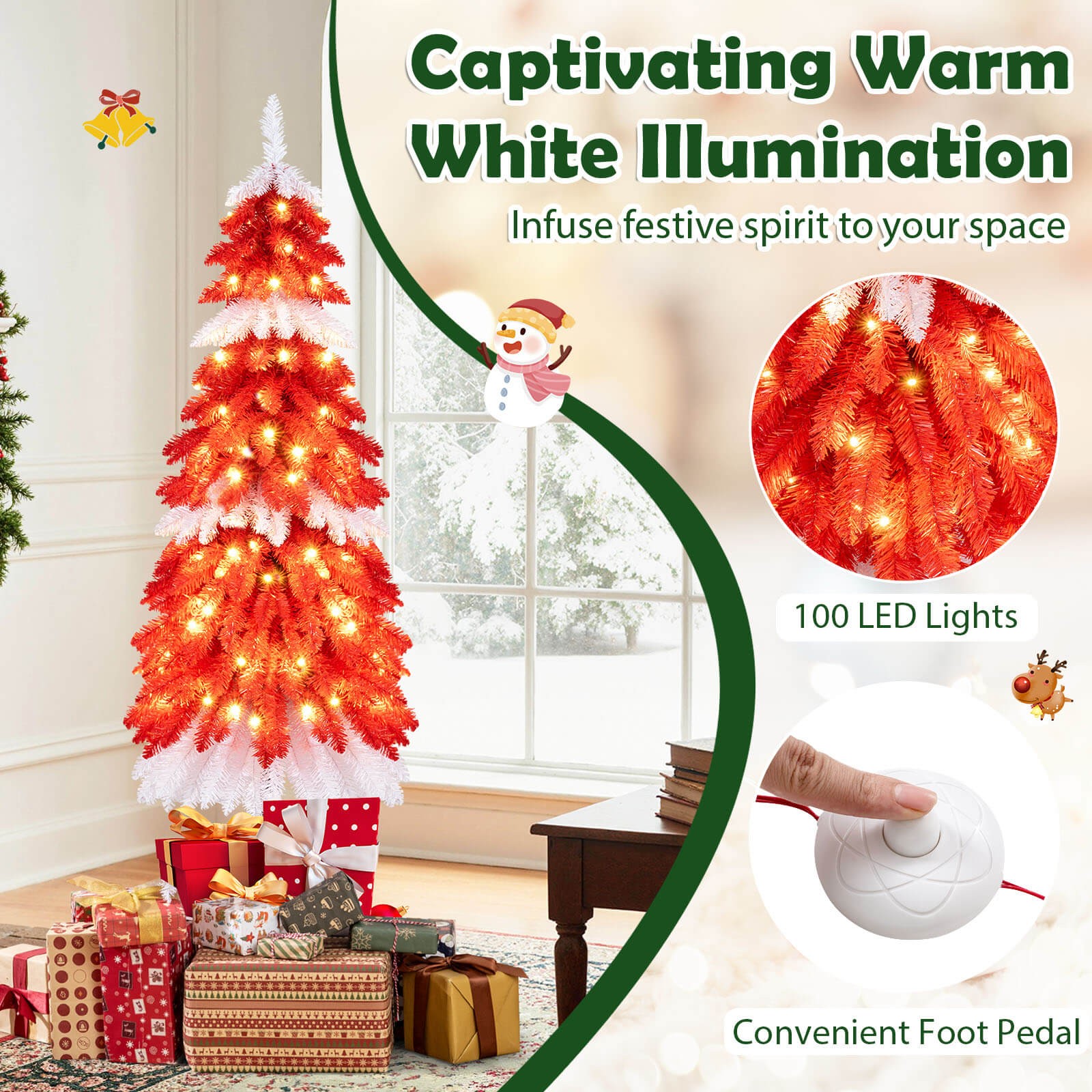 5 FT Artificial Christmas Tree Pre-lit Xmas Trees w/ 301 Red & White Branch Tips