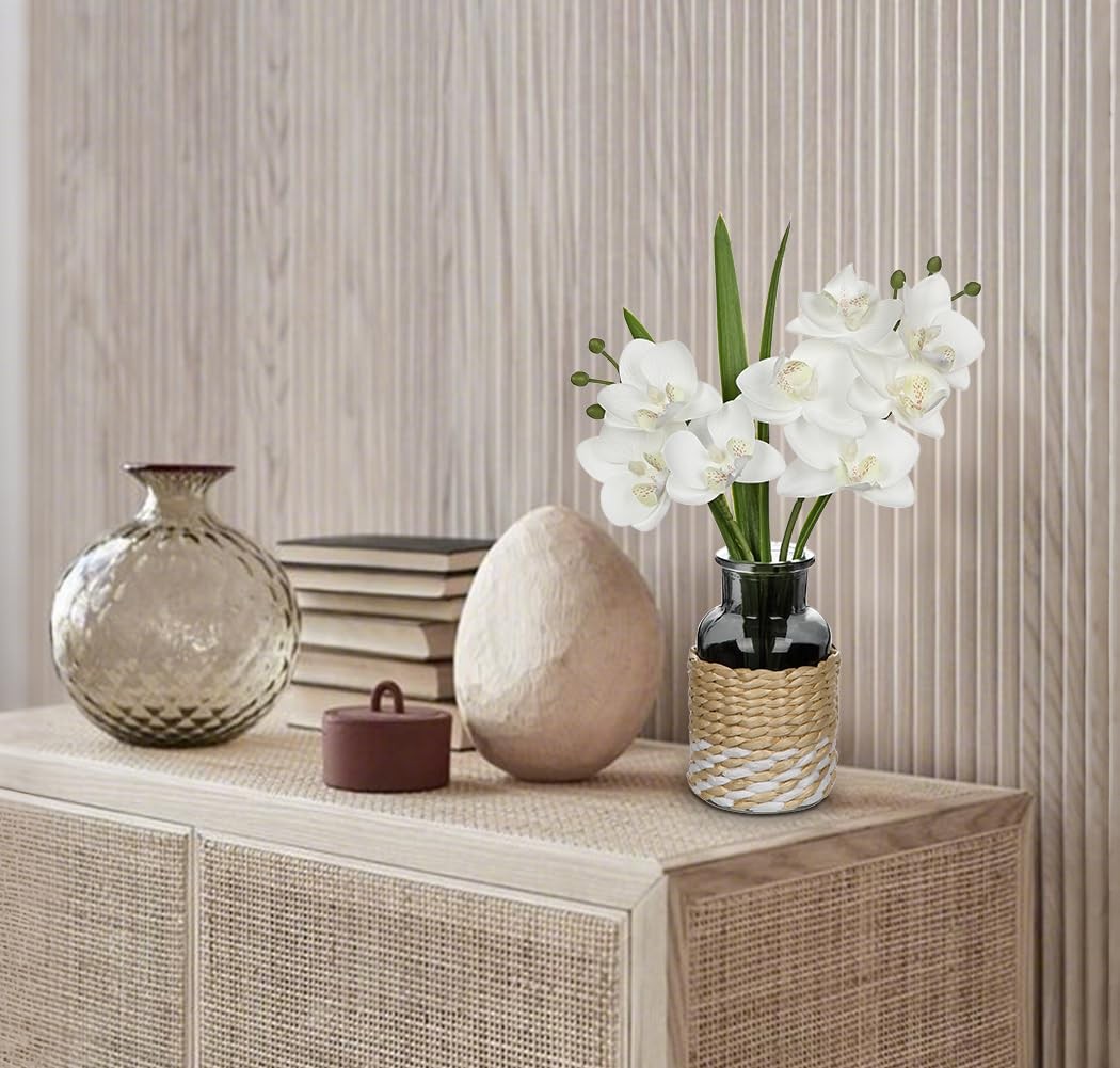 White Orchids Artificial Flowers with Vase, Small Faux Orchid Arrangement Fak…