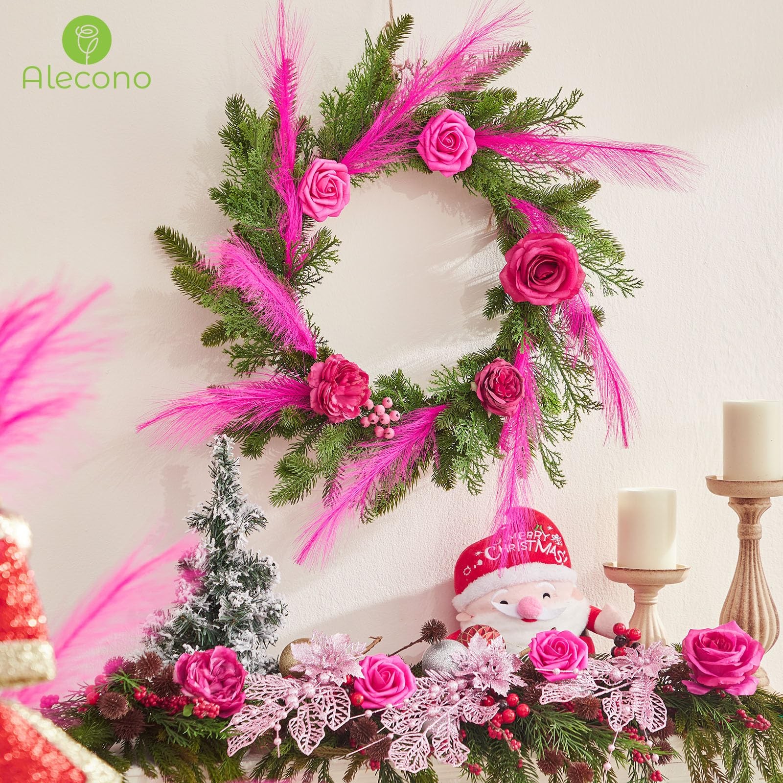 Hot Pink Pampas Grass 17in 𝟯𝟬𝙋𝙘𝙨, Artificial Faux Fluffy Pampas Grass De…