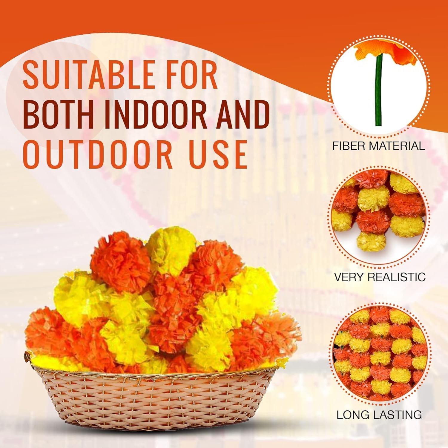 Artificial Marigold Garland for Decoration – 5 Pcs Artificial Genda Phool Str…