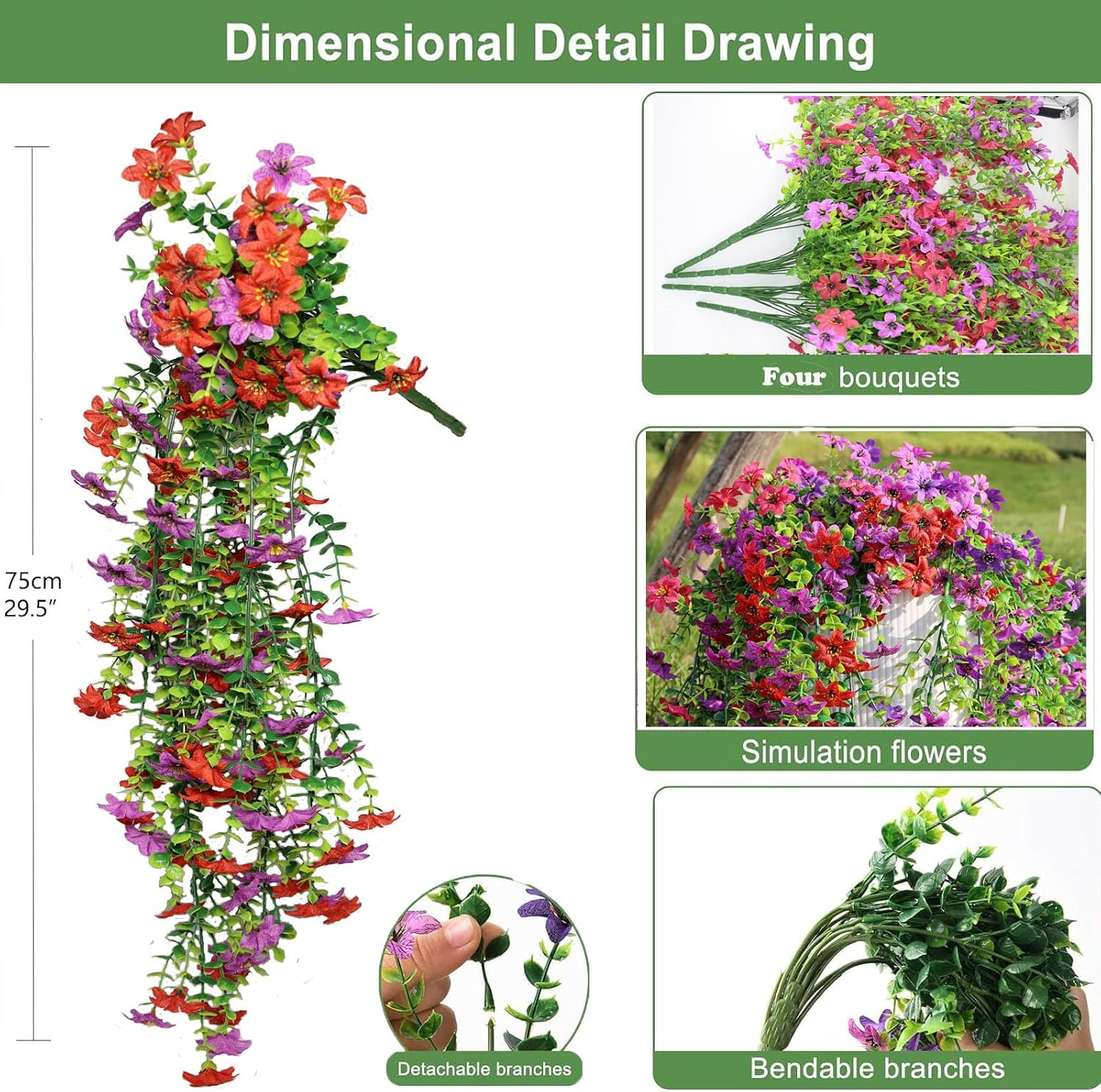 Artificial Hanging Flowers for Outdoors, 4 Pack Fake Hanging Plant for Spring Su