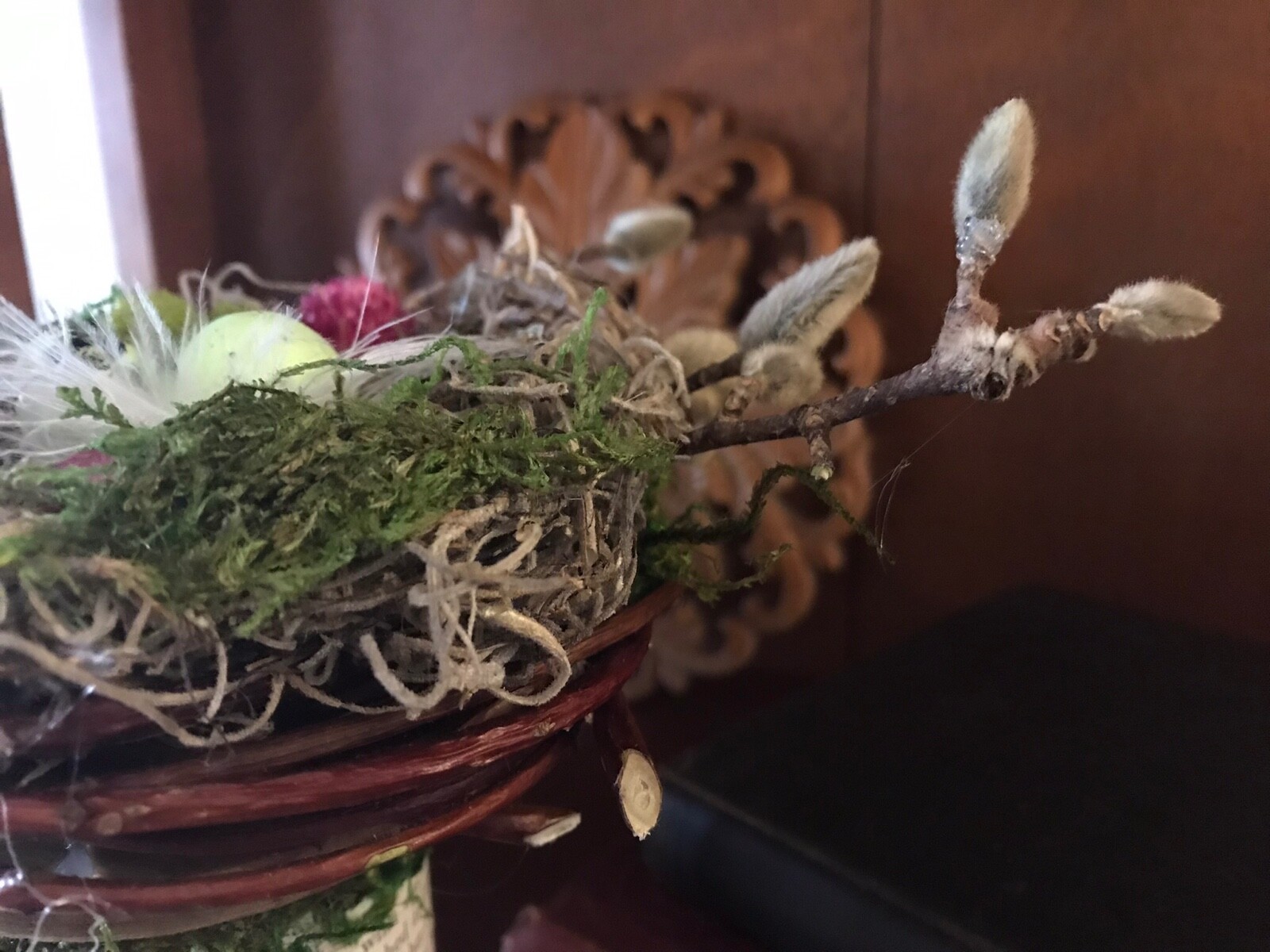 Birds nest on pedestal|Spring decor|natural & faux elements|5 1/2”