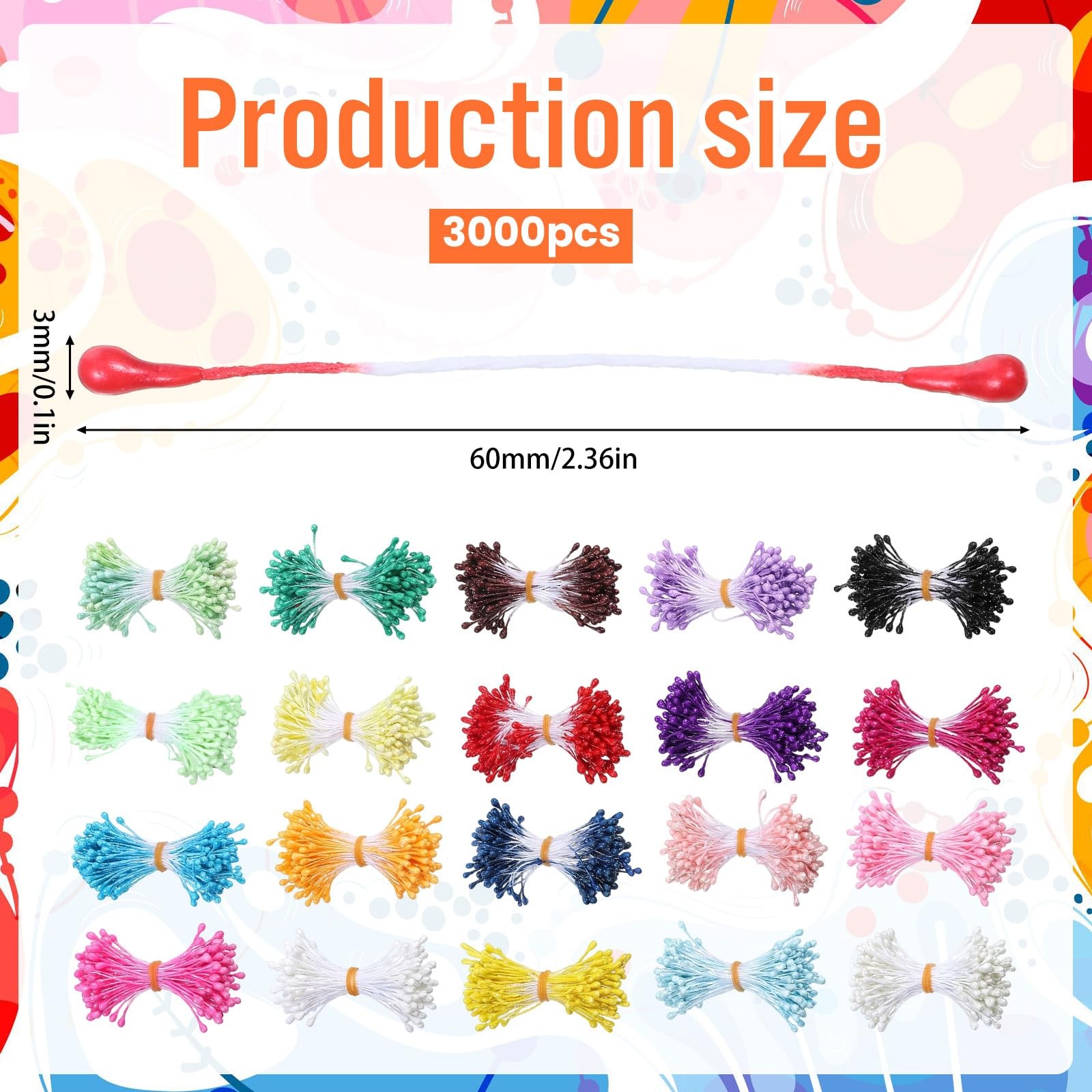 3000 PCS Floral Stamens Flower Making Crafts 3mm Assorted Color 60mm DIY