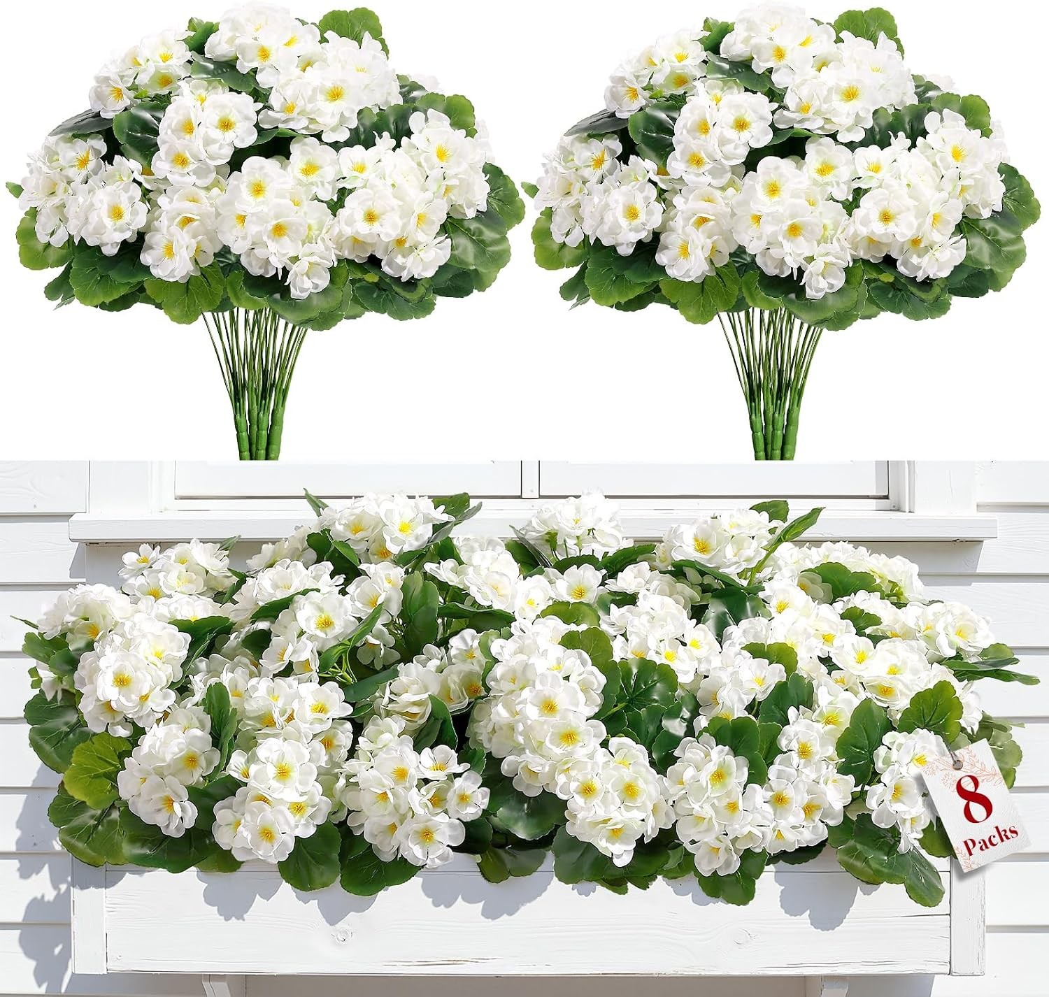 8 Pcs Artificial Geranium Flowers, UV Resistant Silk Faux Outdoor Decor