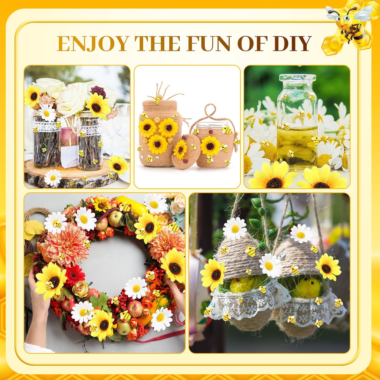166 PCS Yellow White Artificial Sunflower Heads Tiny Bees Craft Decoration