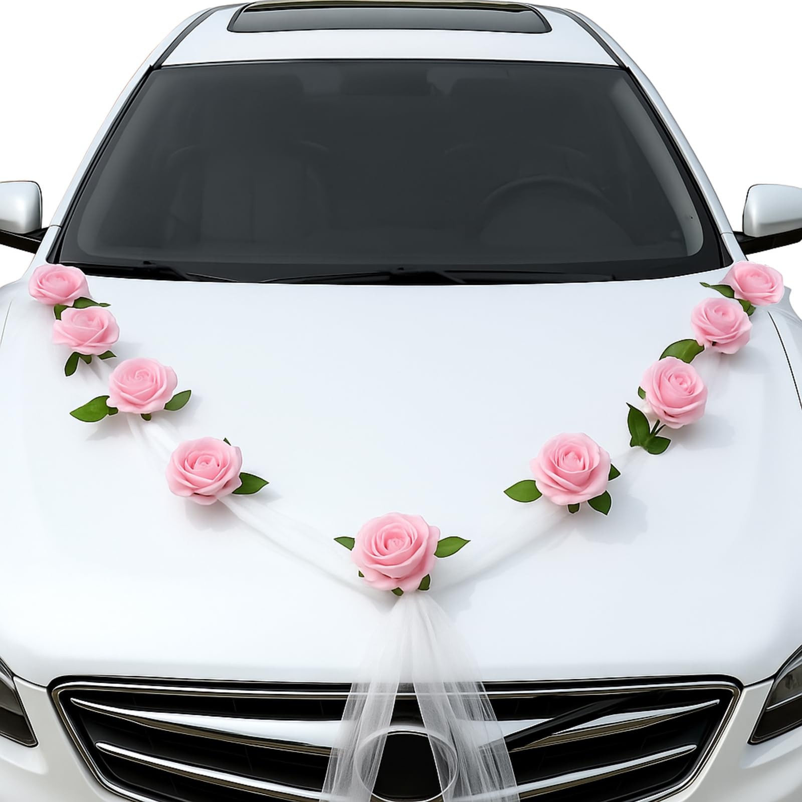 Wedding Car Decorations Pink Artificial Flowers Rose Bouquet Ribbon Set Decor