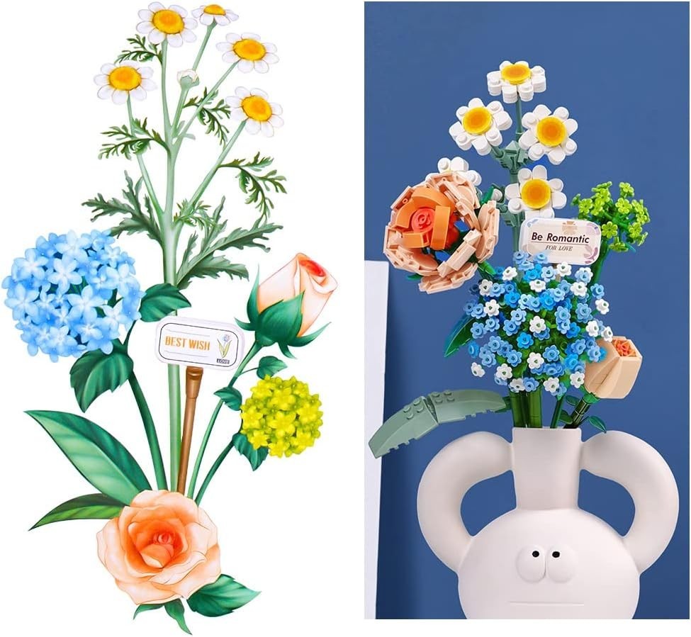 Flower Bouquet Building Set -6 Artificial Flowers Building Kit, 547Pcs Building