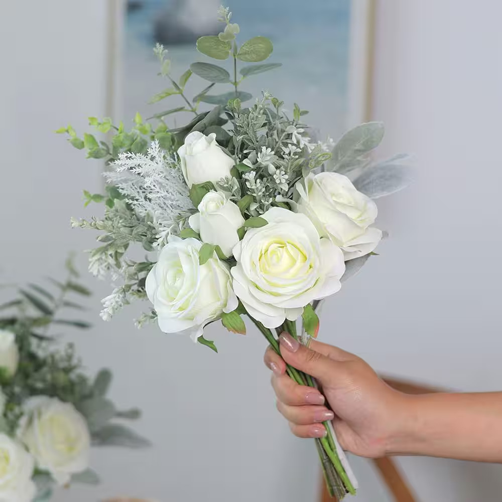 Faux Flowers with Vase 14.5 In. White Artificial Silk Roses Eucalyptus Flower Ar