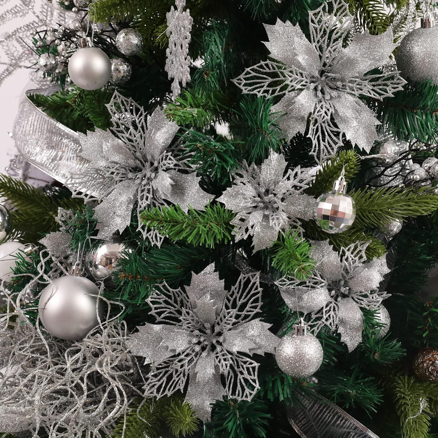 36pcs Glitter Poinsettia Flowers Artificial – Silver Poinsettia Christmas Silver