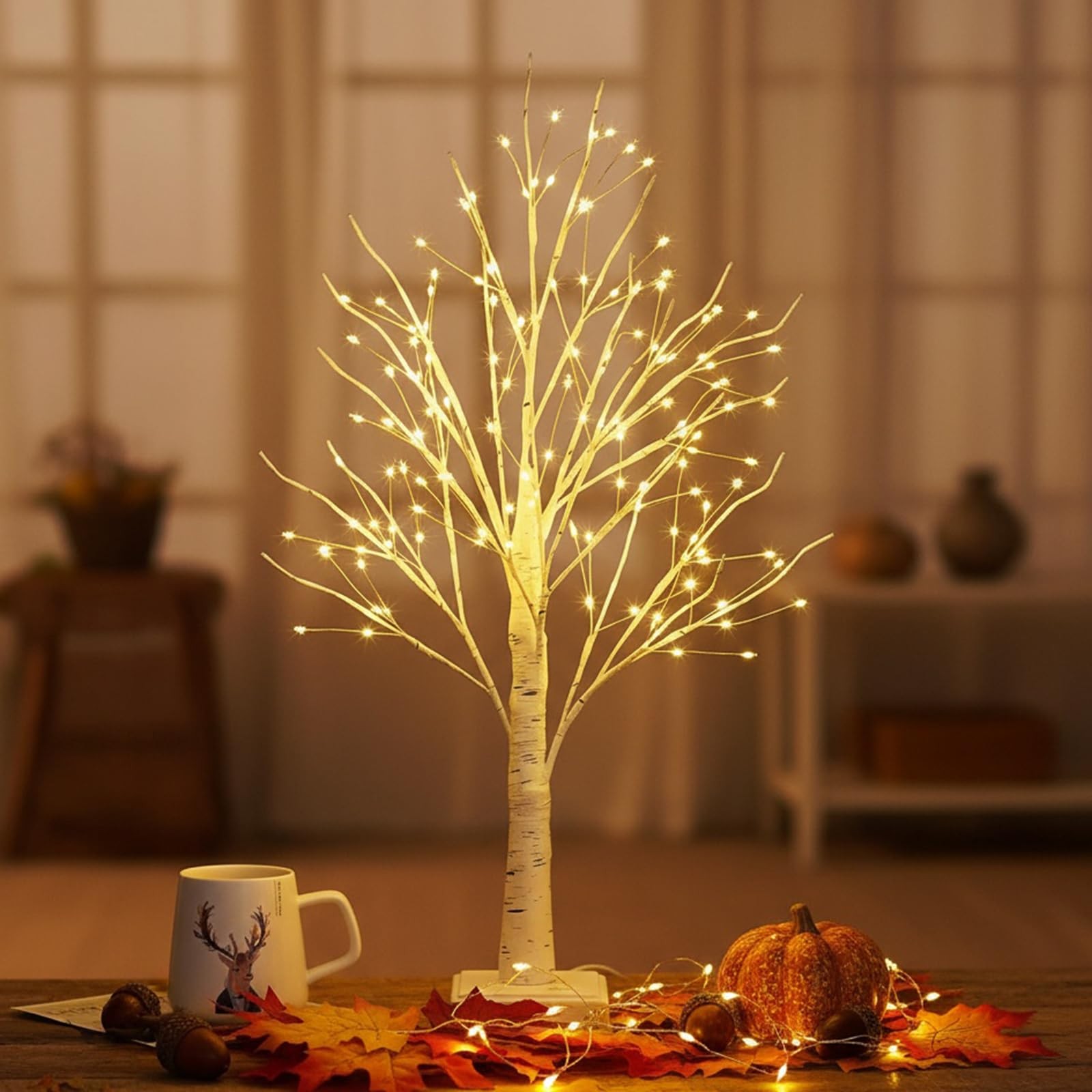 Small Lighted Birch Tree 2FT 144 LED Warm White Tabletop Lamp Timer Room Decor