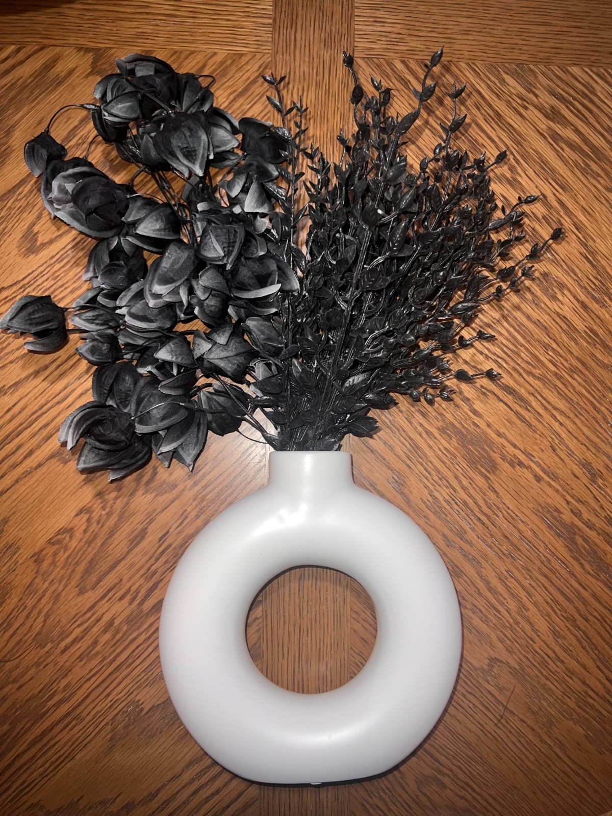 Modern White Donut Vase w/ Black Faux Floral Arrangement Minimalist Decor