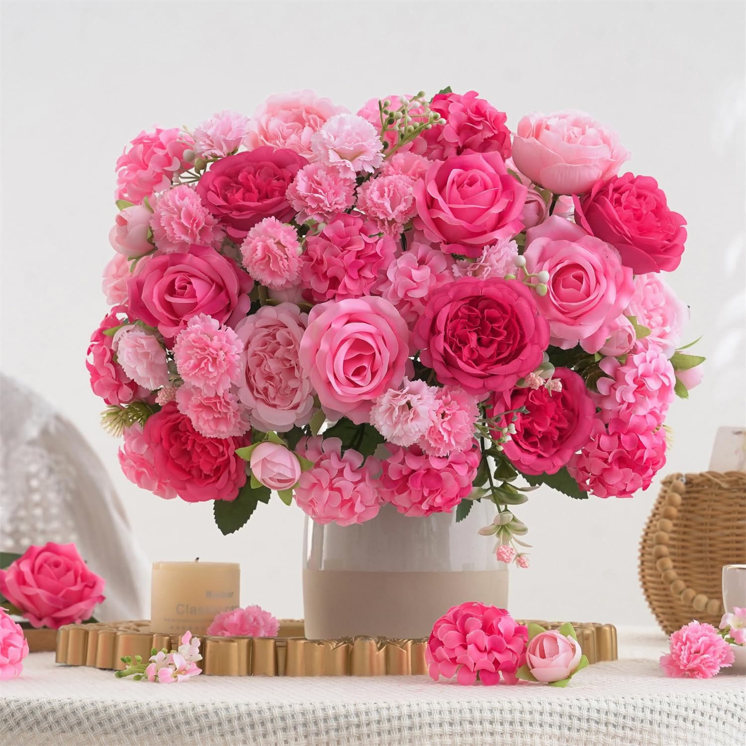8 Pcs Mixed Artificial Peony Flowers Set-4 Bouquets & 4 Stems, Pink Fake Peon…