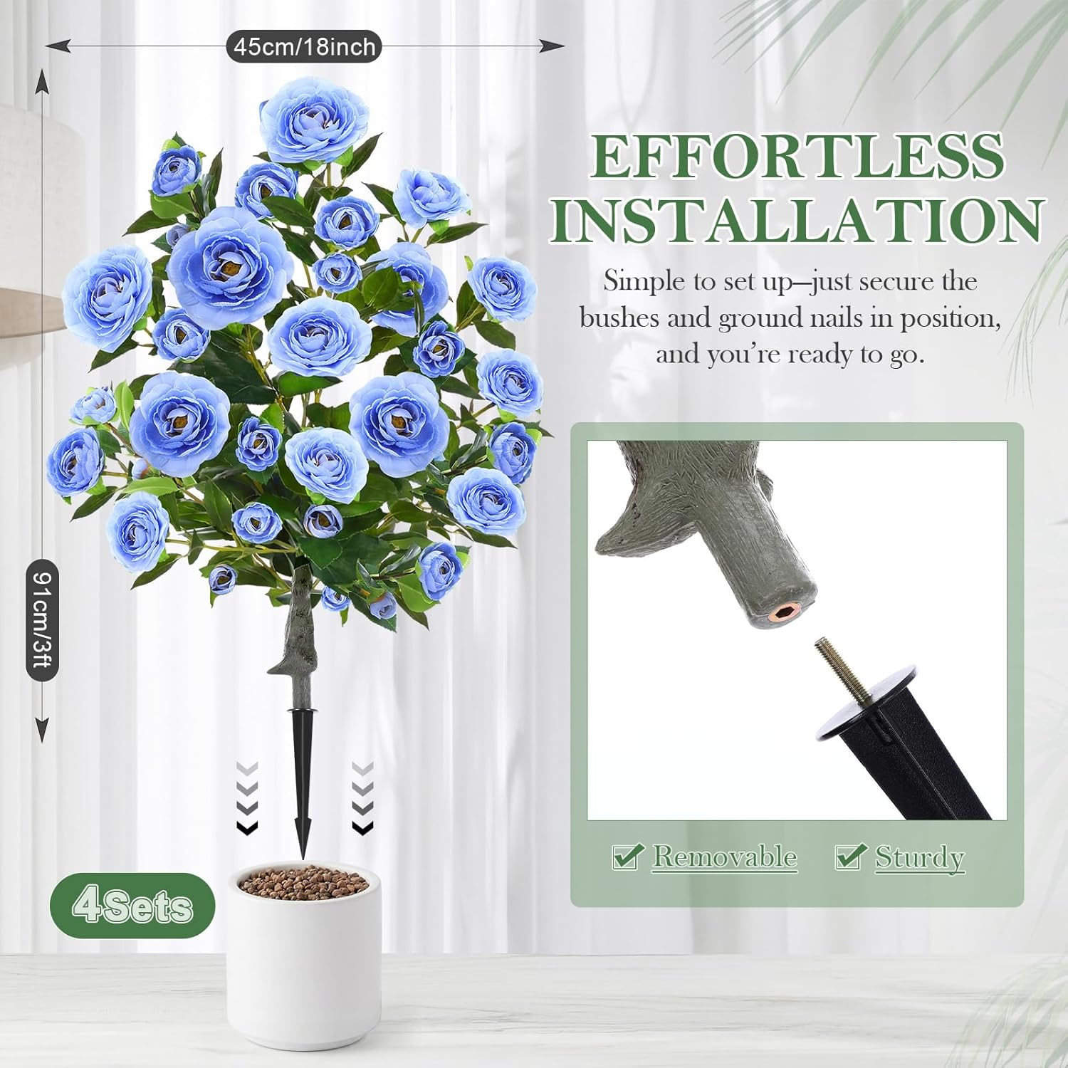 4 Pack 36″ UV Resistant Light Blue Artificial Camellia Flower Trees