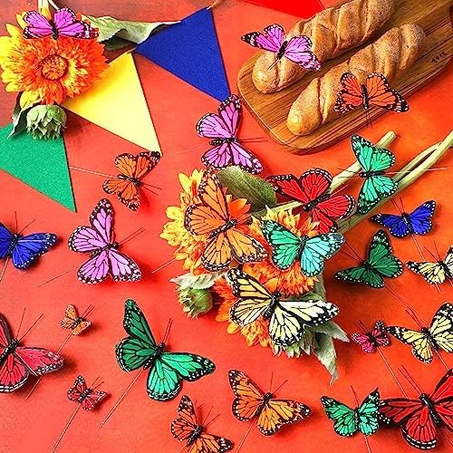 Lyrow 72 Pcs Monarch Butterfly Decorations 4 Size Artificial Feather Butterfl…