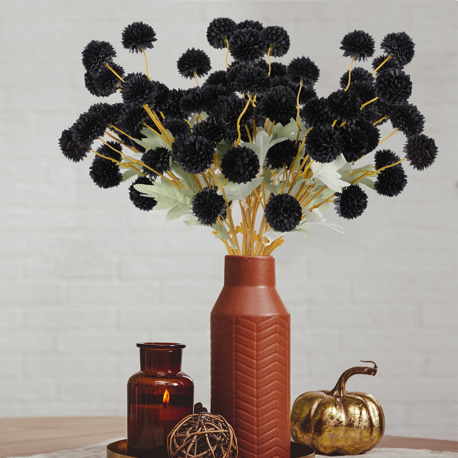 12 PCS Artificial Black Chrysanthemum Kiku Pom Mums Faux Floral Halloween