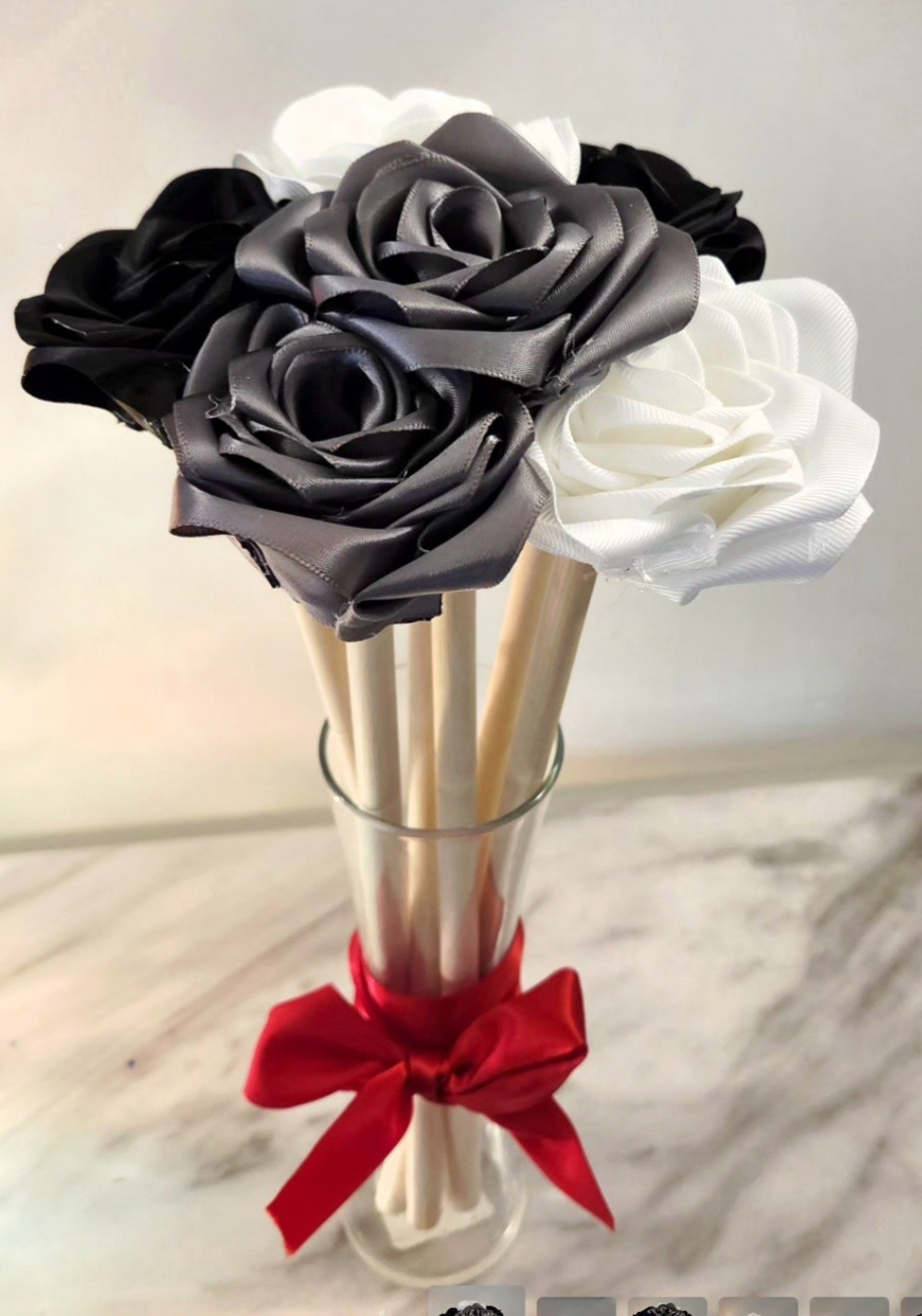 Fabric Homemade Flower Bouquet In Glass Vase With Bow