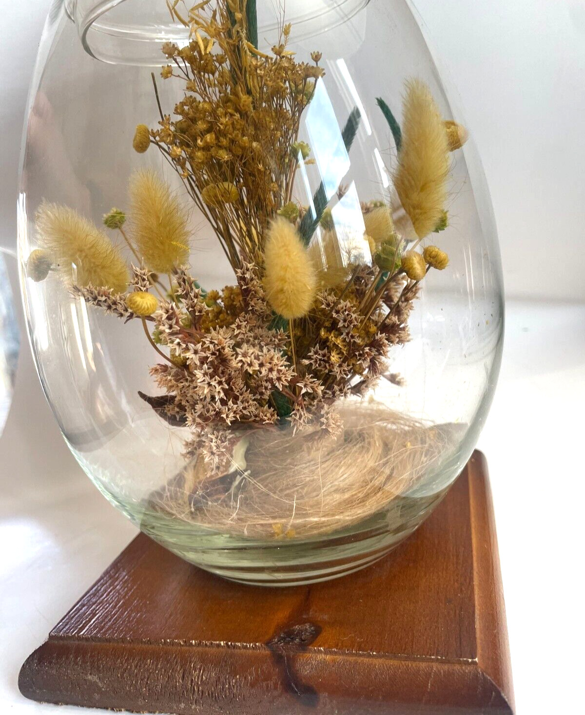 Vintage Glass Egg Terrarium with Dried Yellow Flowers, 1970s, H:10″ by W:5.5″
