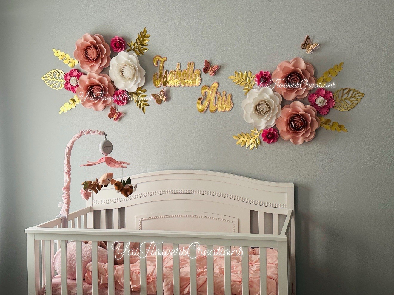 Personalized Artificial Rose & Butterfly Flower Wall Decor Set, Pink/Blue/Gold