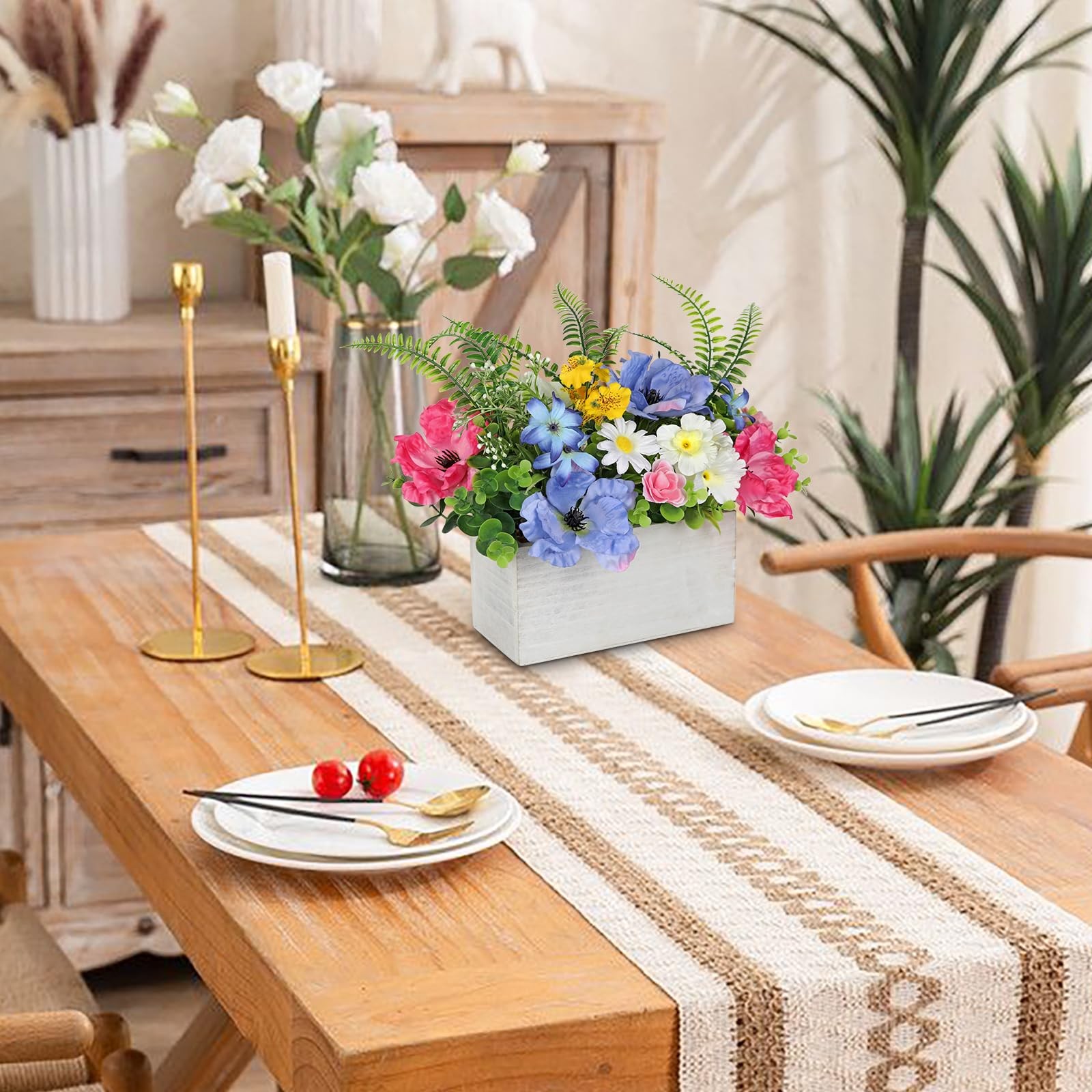 Table Floral Arrangement Centerpiece, Artificial Flowers in Wooden Vase, Silk…