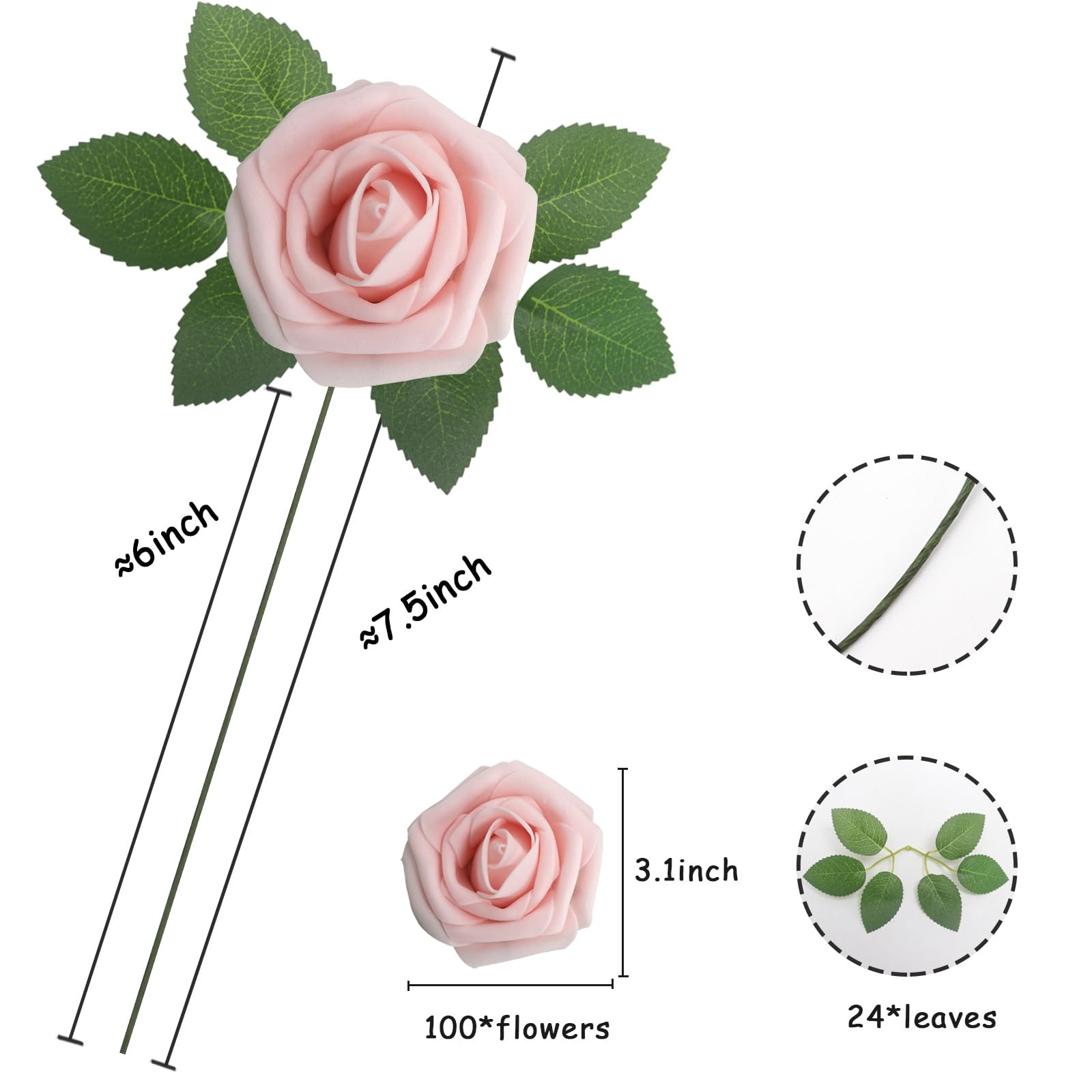 100 PCS Light Pink Real Looking Foam Artificial Fake Roses Wedding Bouquet