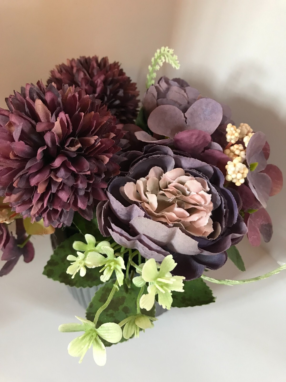 Artificial Silk Purple Hydrangea Peony Bouquet Flowers In Cement Grey Vase New