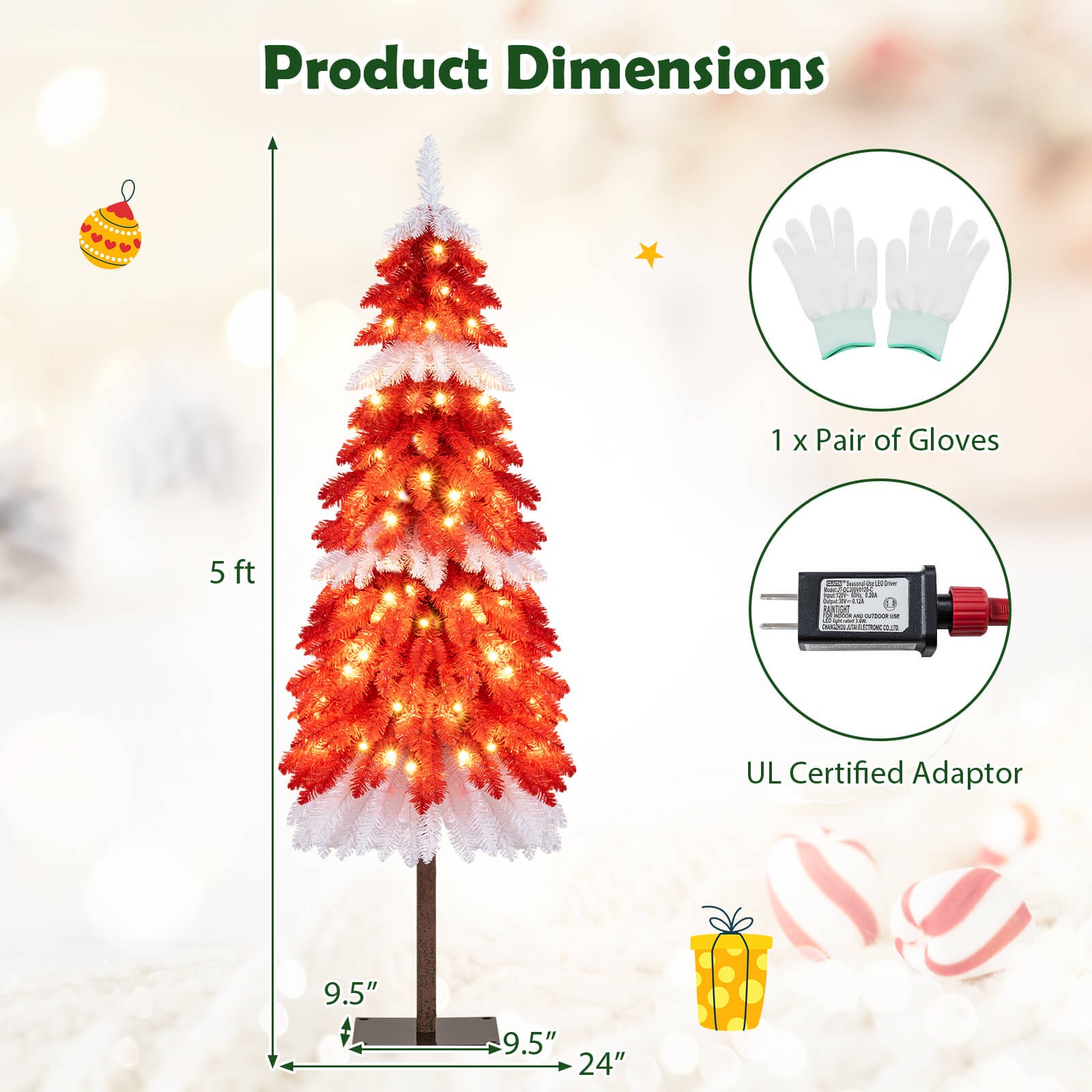 5 FT Artificial Christmas Tree Pre-lit Xmas Trees w/ 301 Red & White Branch Tips