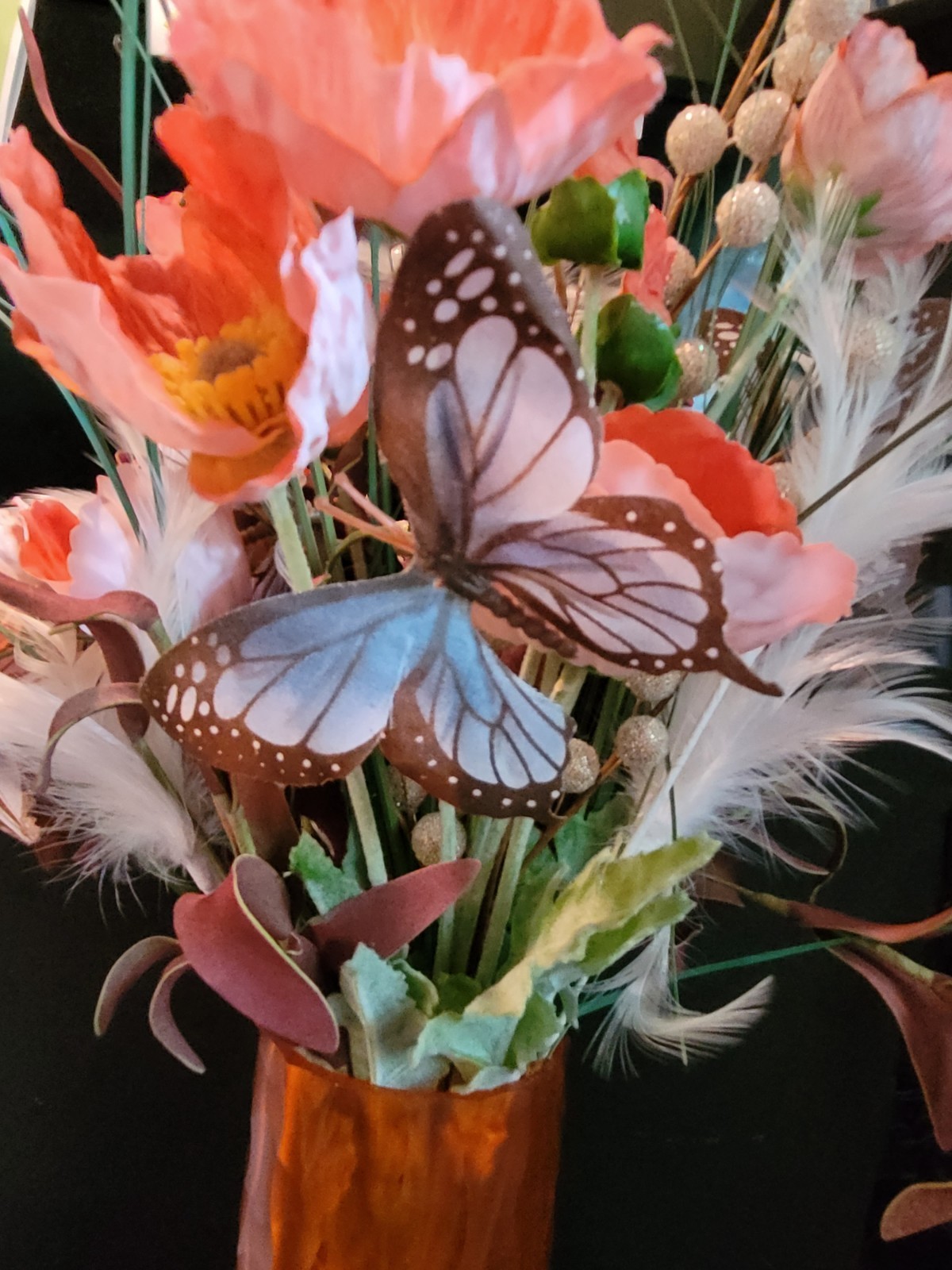 Artificial Poppy Flowers in Orange 8″Vase Butterfly,Feathers much More ,