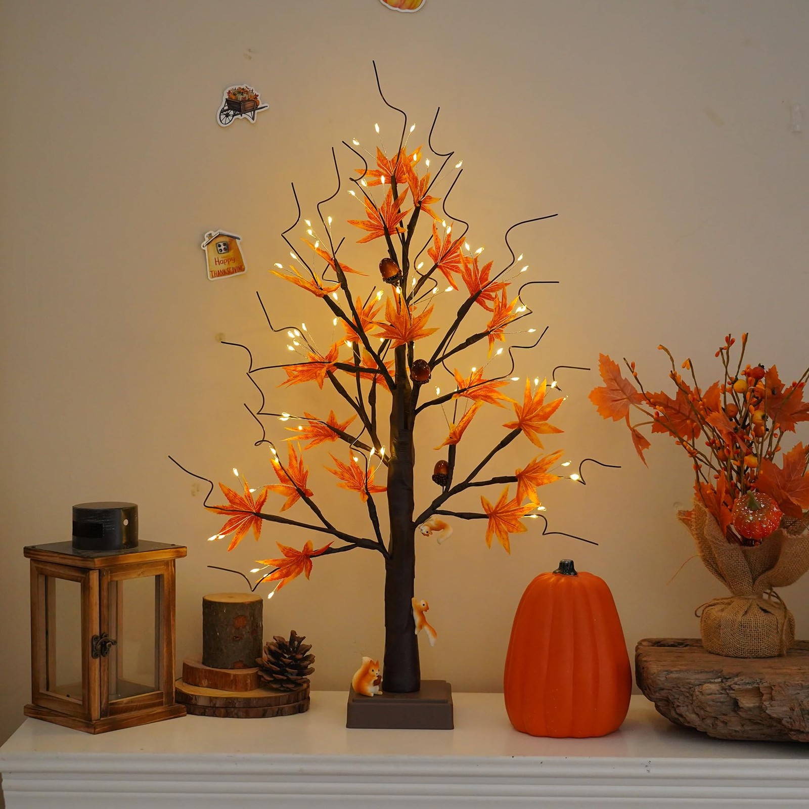 24” 72 LED Fall Decorations for Home, Birch Tree Lighted Fall Maple Leaves Ar…