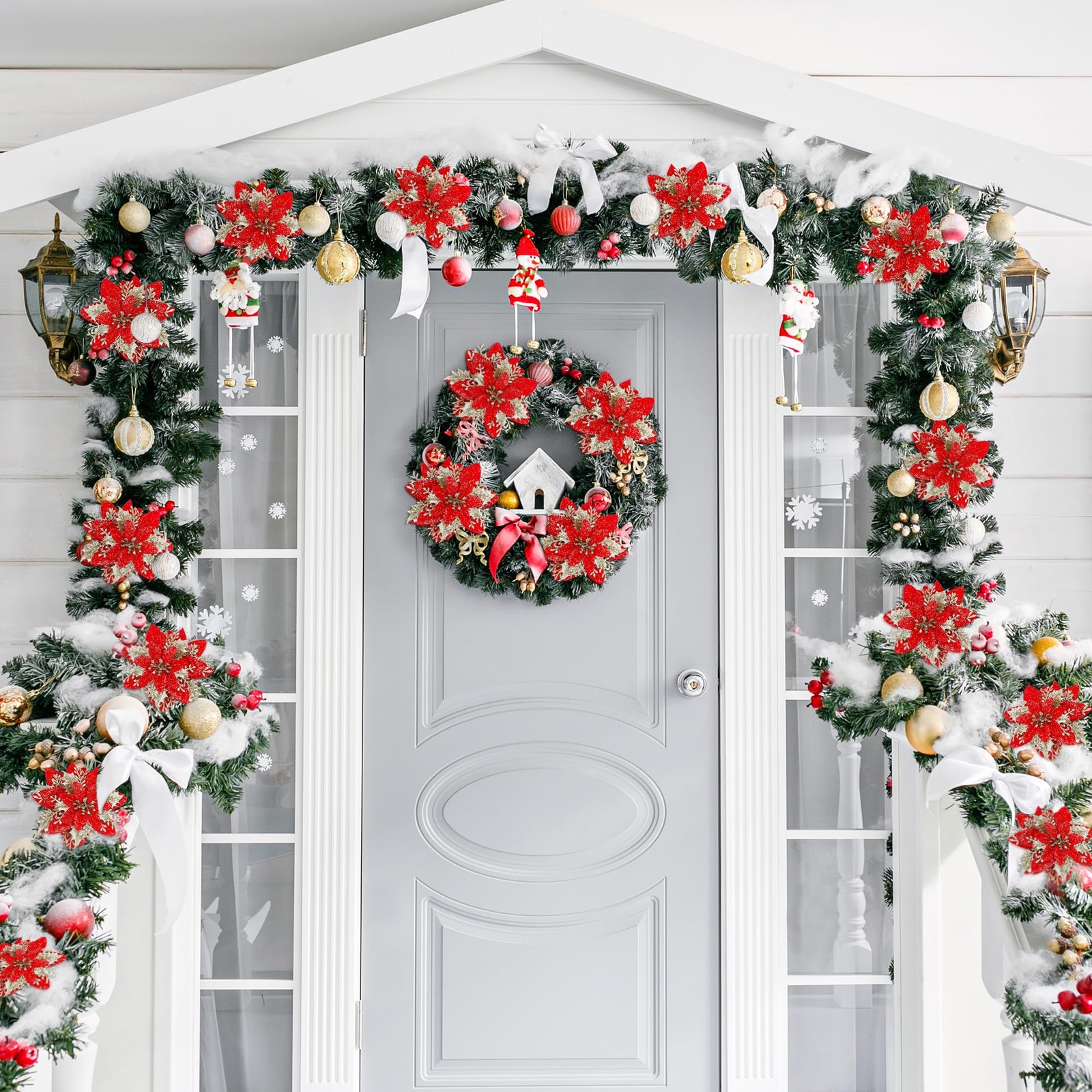 24 Pcs Red Gold Poinsettia Artificial Christmas Flowers 5.5″ Glitter Poinsett…