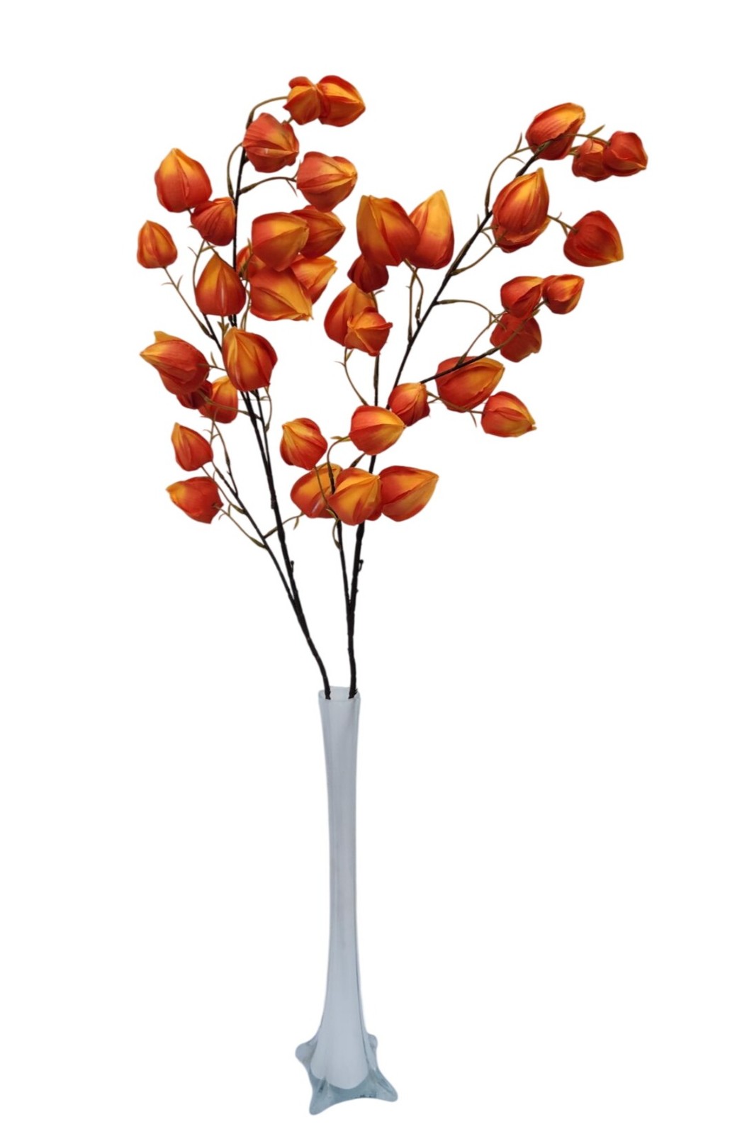 Artificial Orange Chinese Lantern Flower Stems Set of 2 Tall Faux Autumn Branche